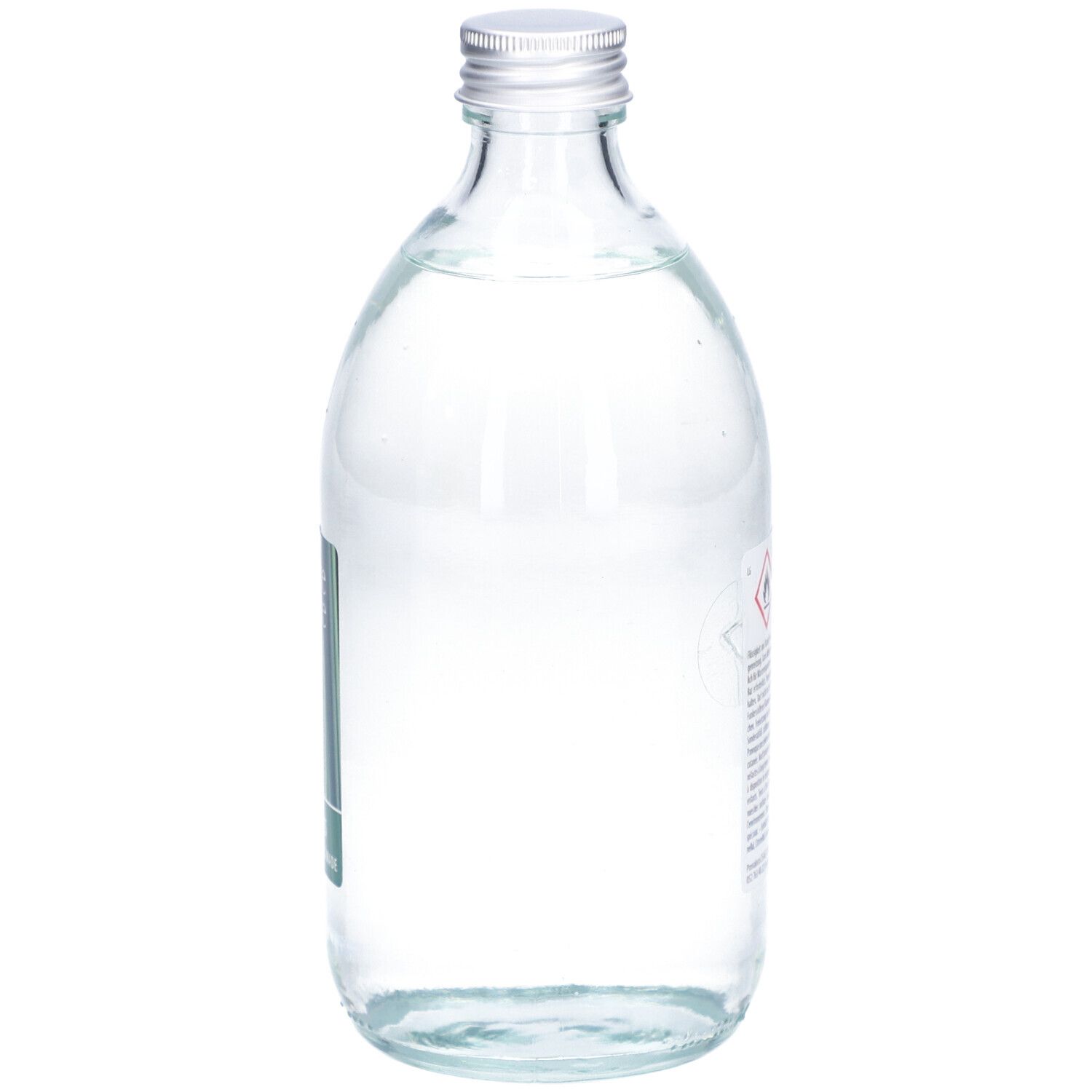 Glazen fles met zilveren dop. Achterkant met tekst en waarschuwingen. Heldere inhoud.