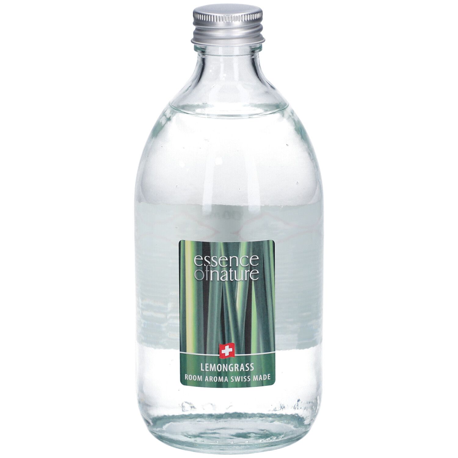 Glazen fles met zilveren dop. Etiket met productinformatie en Zwitsers kruis. Heldere inhoud.