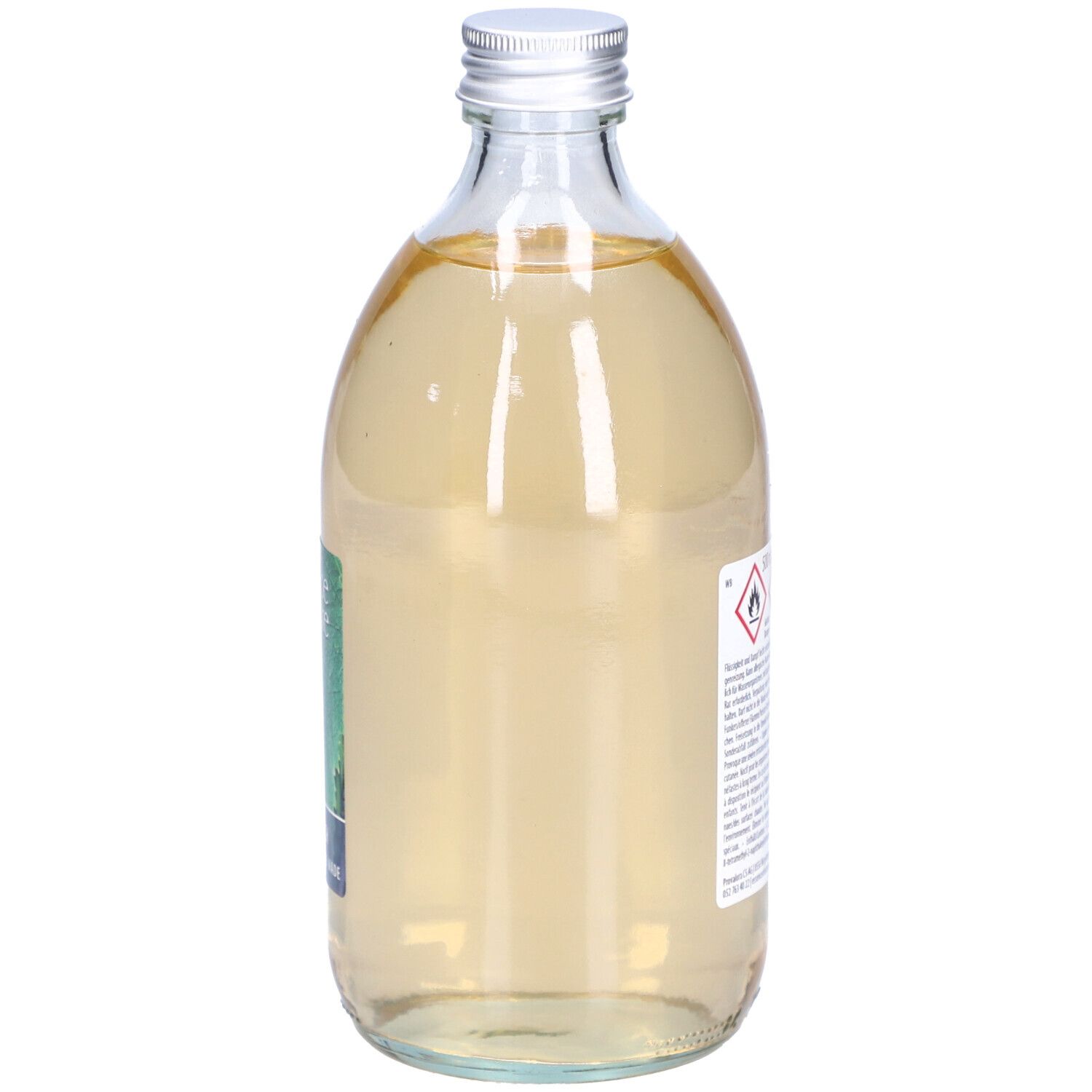 Flacon en verre avec bouchon argenté. Dos avec étiquette, texte et pictogrammes.