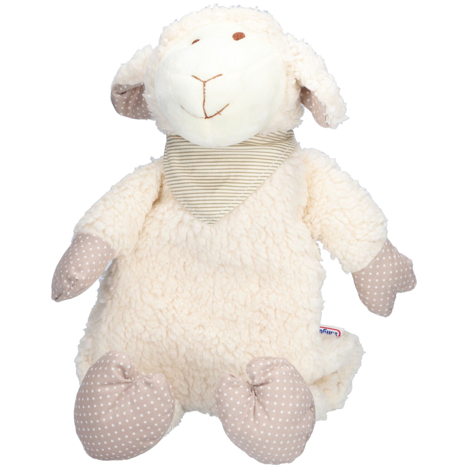 Beige pluche schaap met sjaal. Stippen op poten. Opgenaaid logo.
