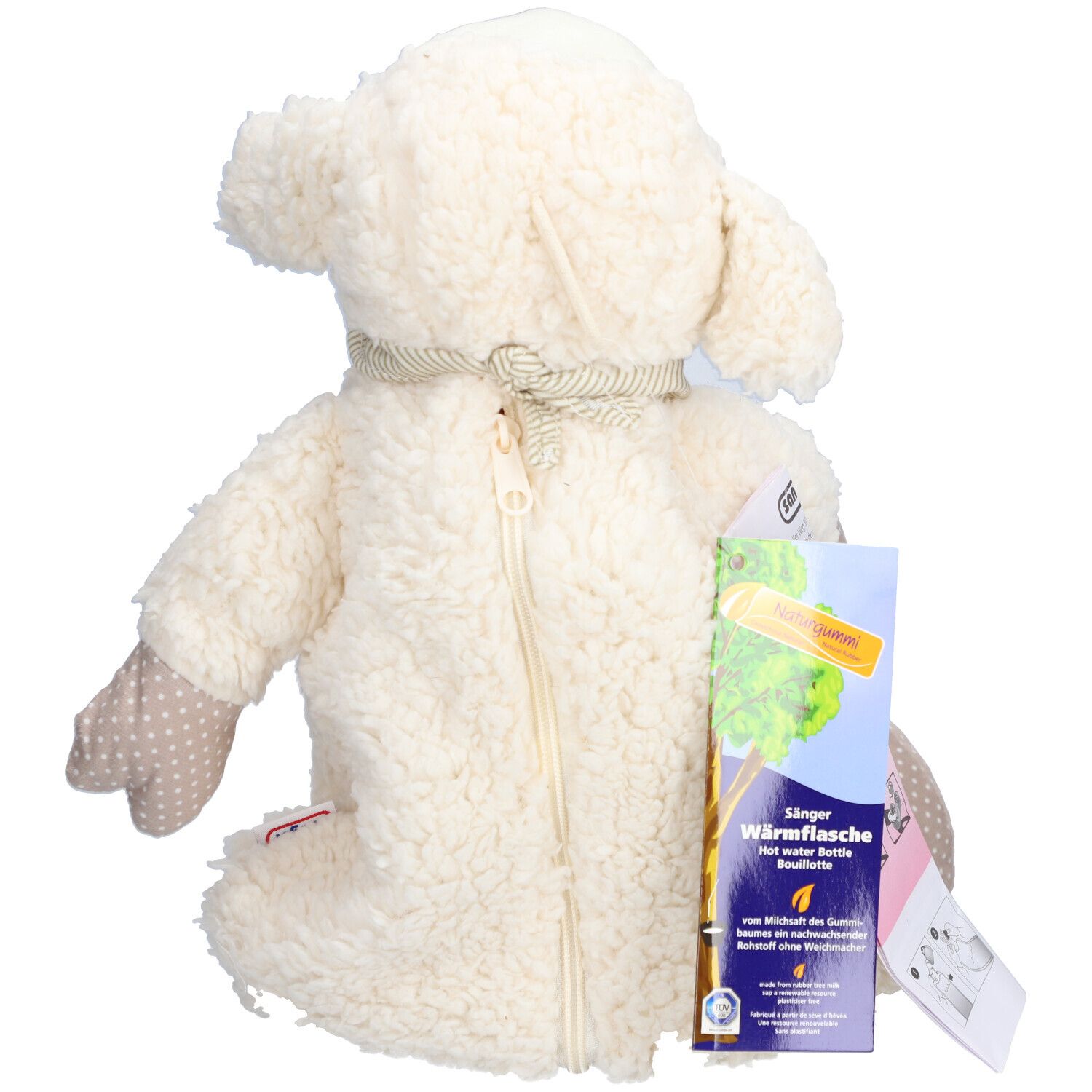 Pluche schaap van achteren met rits. Bijgevoegde brochure met productinfo.