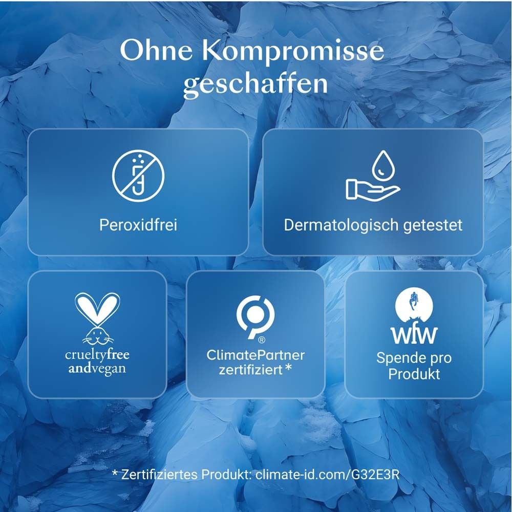 Blocs avec logos : Sans peroxyde, testé dermatologiquement, Cruelty-free, ClimatePartner, wfw.