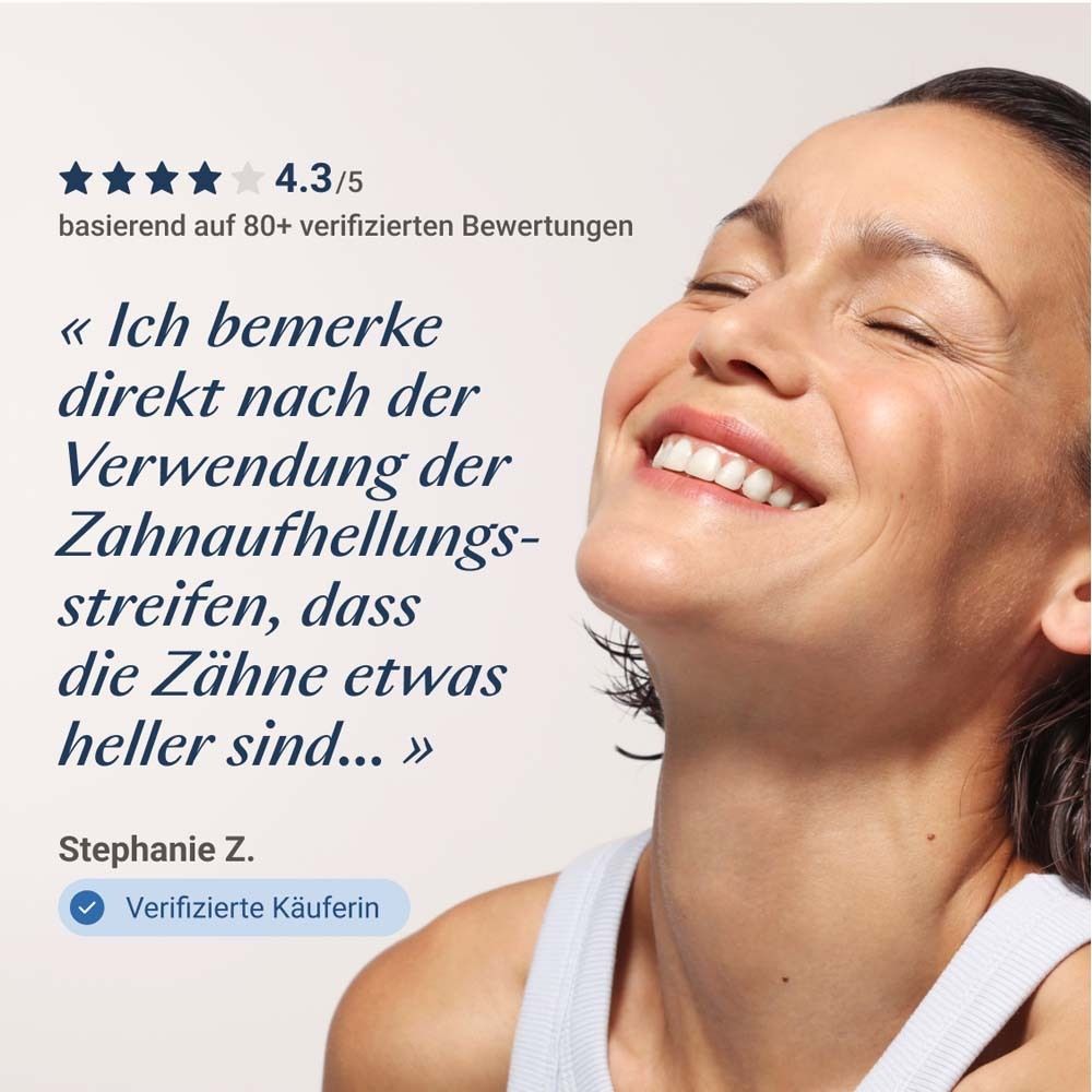 Femme souriante. Citation : dents plus claires. Acheteur vérifié.