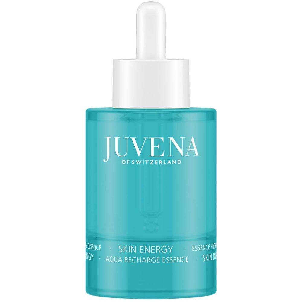 Flacon turquoise avec bouchon blanc et pipette. Inscription : JUVENA OF SWITZERLAND, SKIN ENERGY, AQUA RECHARGE ESSENCE.