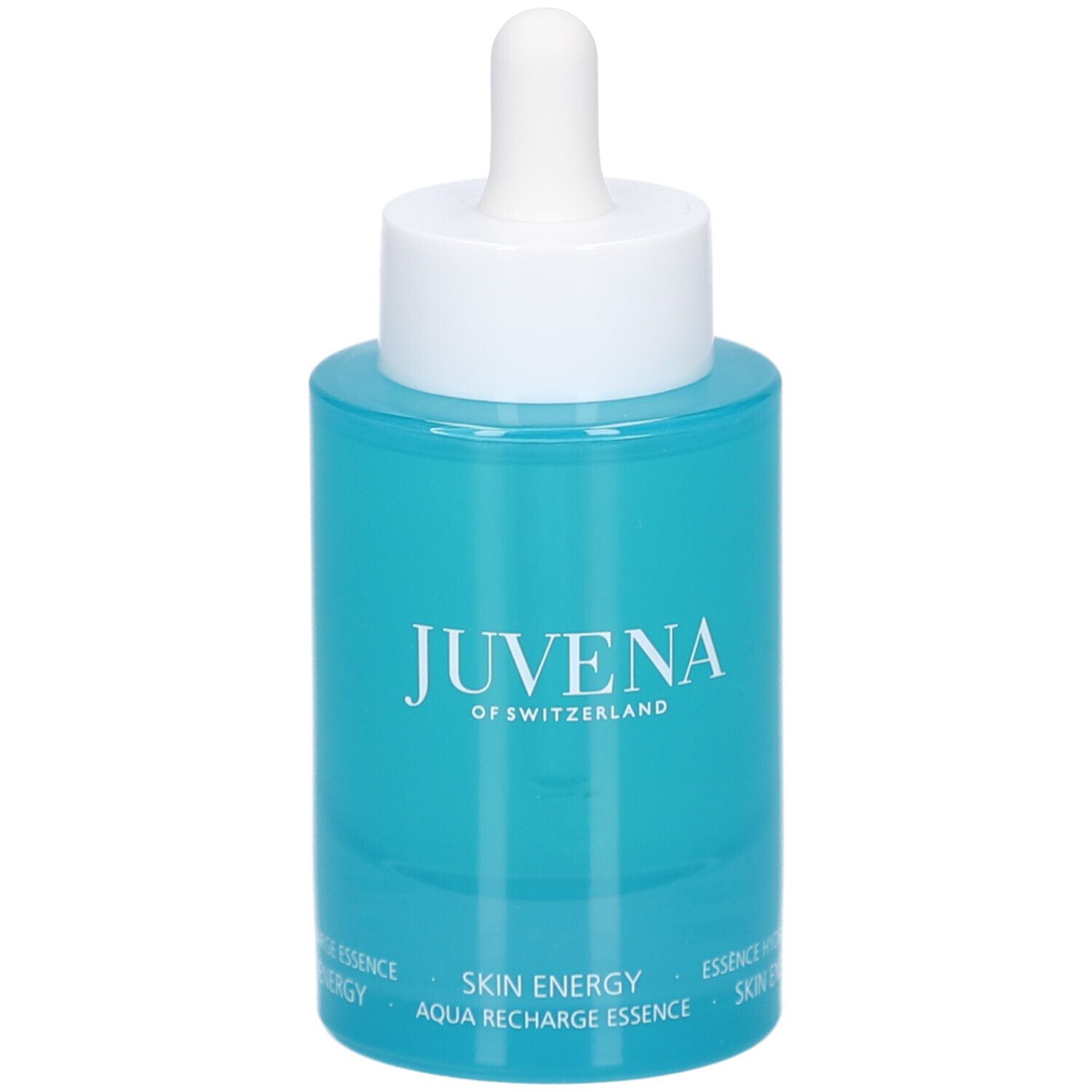 Flacon turquoise avec bouchon blanc et pipette. Inscription : JUVENA OF SWITZERLAND, SKIN ENERGY, AQUA RECHARGE ESSENCE.