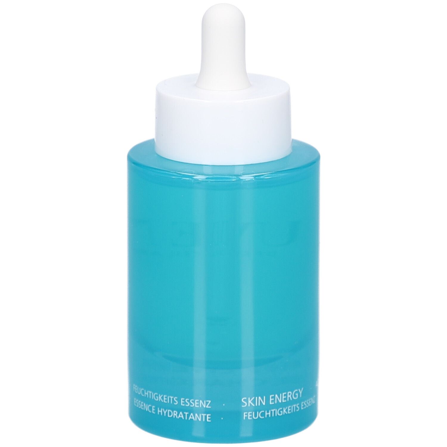 Flacon turquoise avec bouchon blanc et pipette. Inscription : JUVENA OF SWITZERLAND, SKIN ENERGY, AQUA RECHARGE ESSENCE.