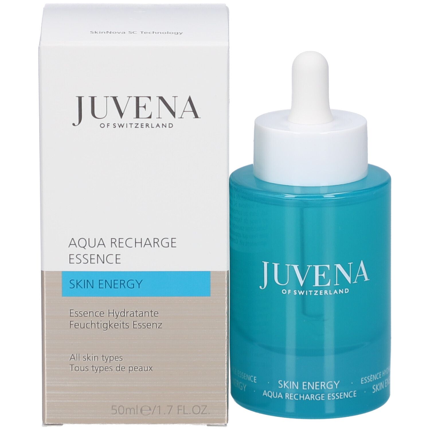 Emballage et flacon du produit. Inscription : JUVENA, AQUA RECHARGE ESSENCE, SKIN ENERGY, 50ml/1.7 FL.OZ.