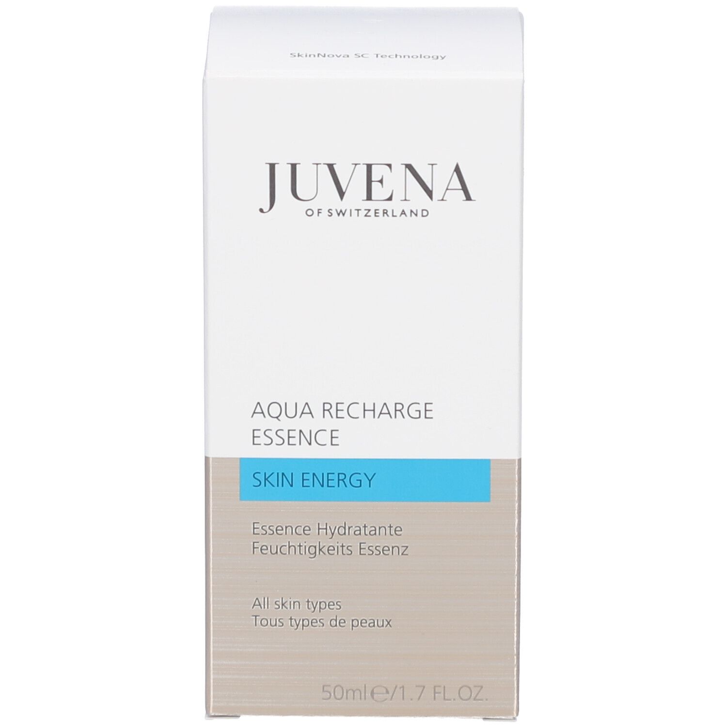 Emballage du produit. Inscription : JUVENA, AQUA RECHARGE ESSENCE, SKIN ENERGY, 50ml/1.7 FL.OZ.