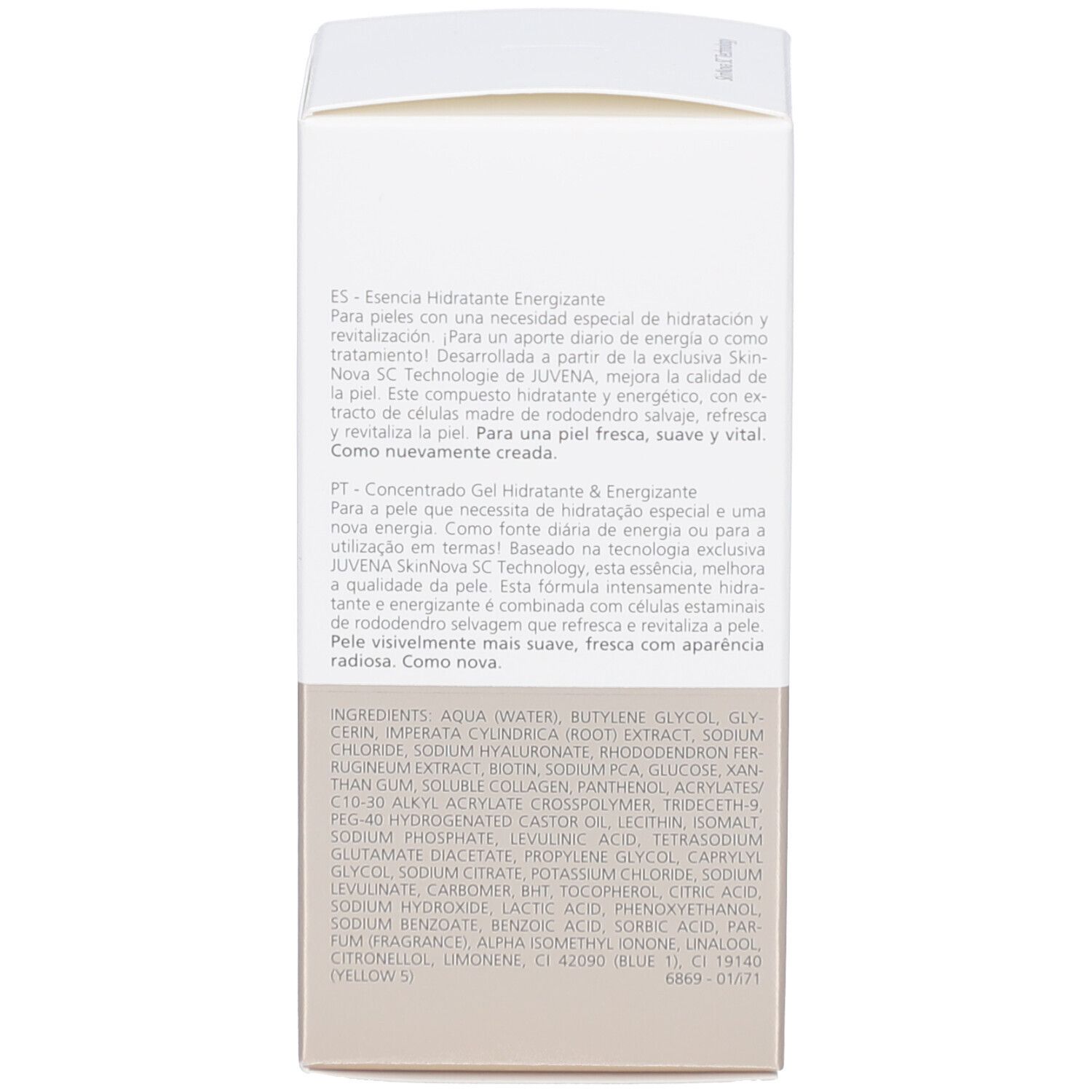 Emballage du produit, dos. Texte en plusieurs langues : ingrédients, description.