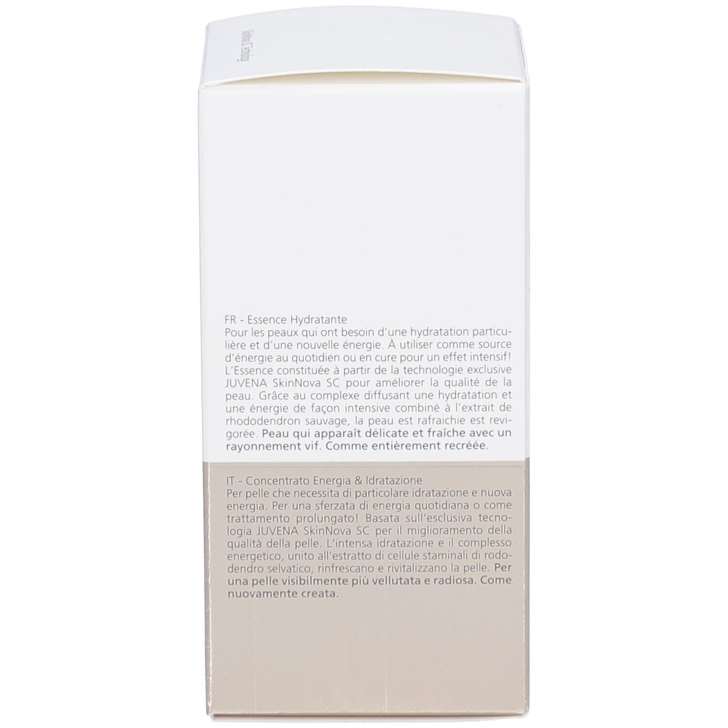 Emballage et flacon du produit. Inscription : JUVENA, AQUA RECHARGE ESSENCE, SKIN ENERGY, 50ml/1.7 FL.OZ.