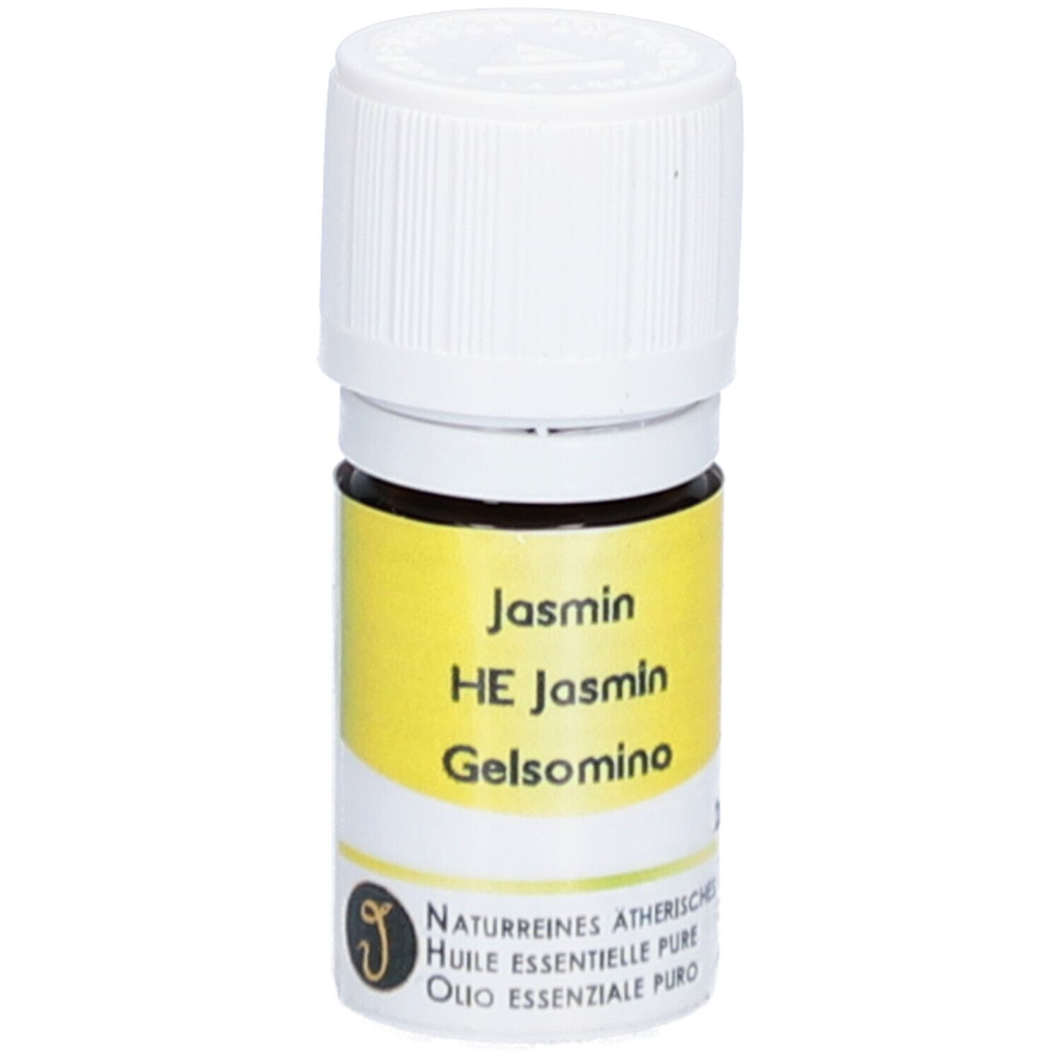 Bruine glazen fles met witte dop. Geel etiket met tekst: Jasmin, HE Jasmin, Gelsomino. Natuurlijke etherische olie.