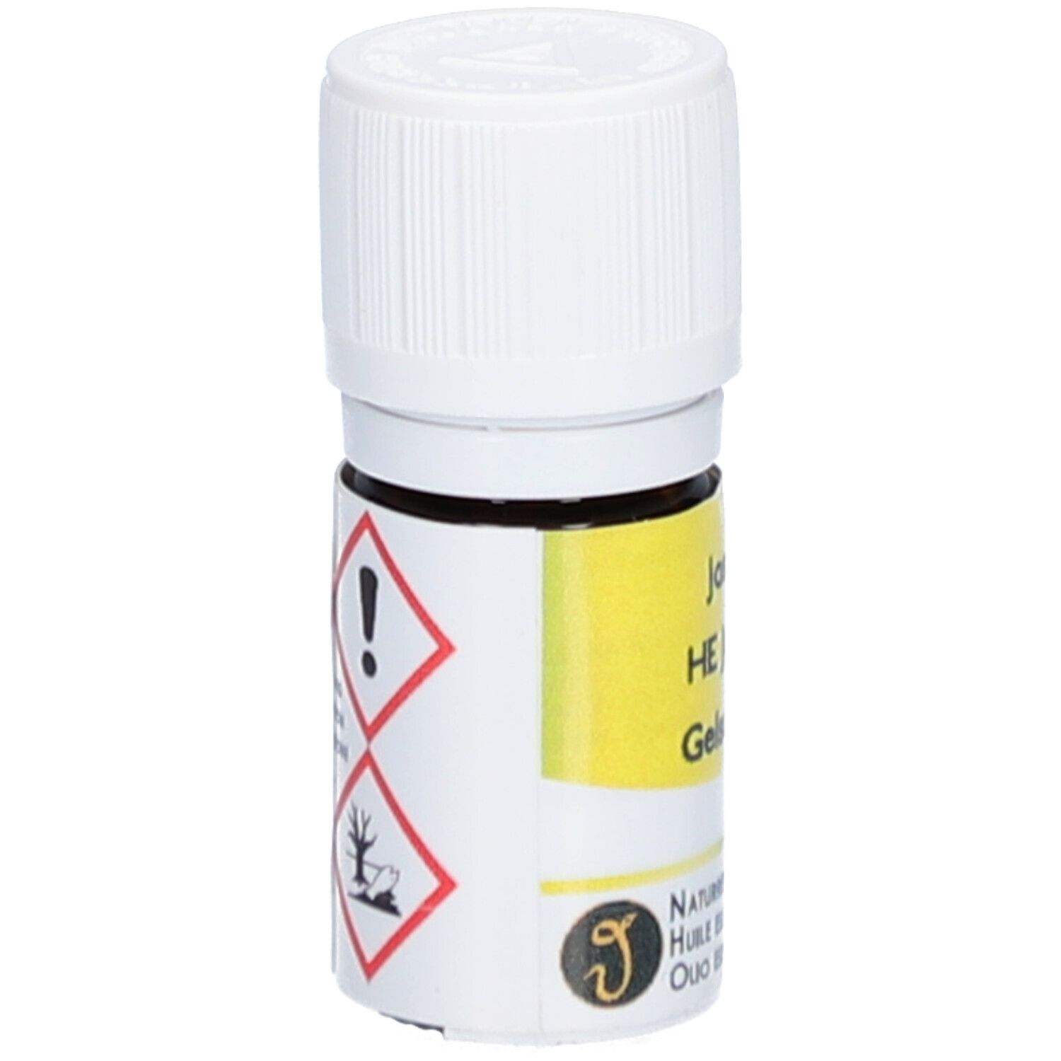 Bruine glazen fles met witte dop. Geel etiket met tekst. Gevarensymbolen: uitroepteken en boom/milieu.