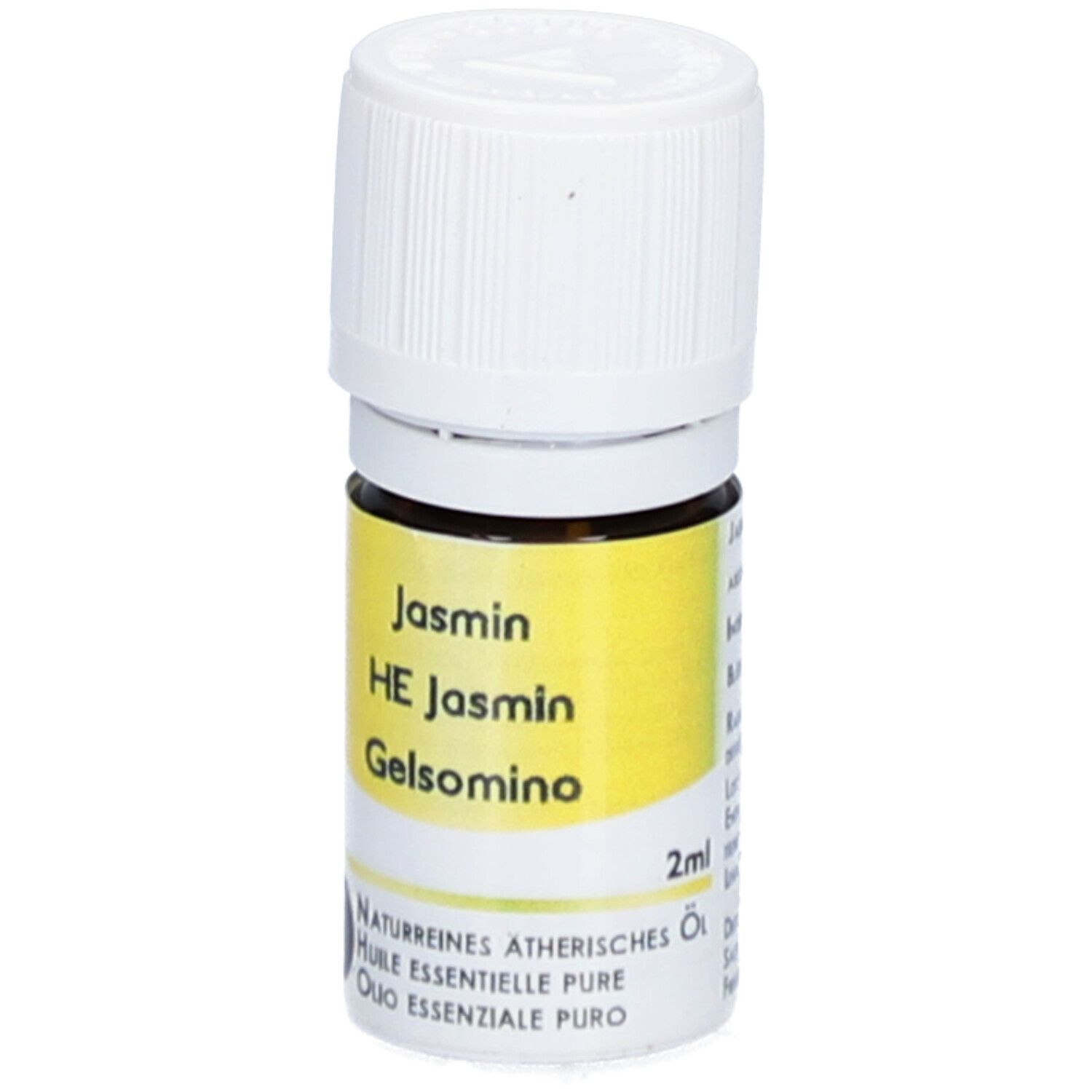 Bruine glazen fles met witte dop. Geel etiket met tekst: Jasmin, HE Jasmin, Gelsomino. 2ml. Natuurlijke etherische olie.