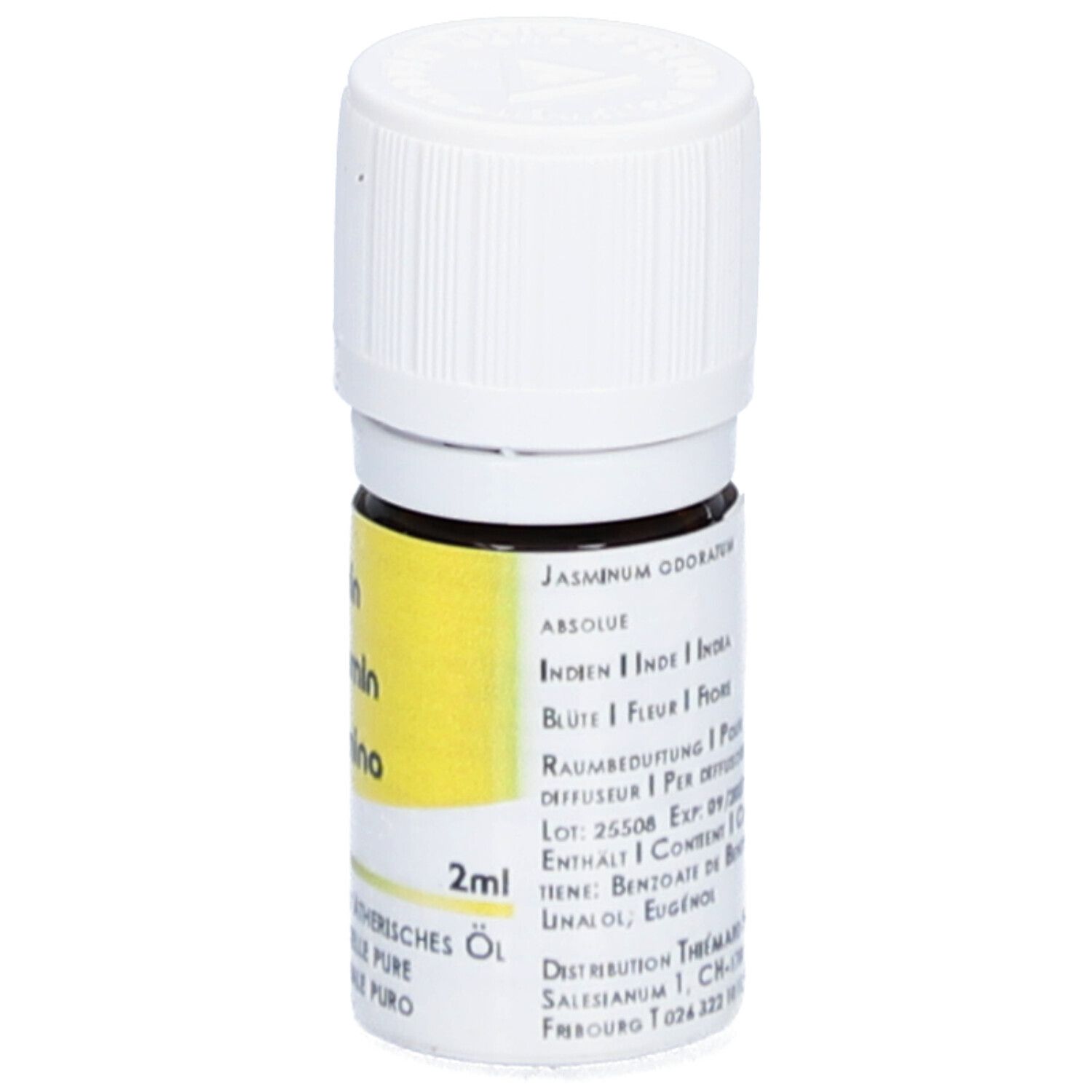 Bruine glazen fles met witte dop. Geel etiket met tekst: Jasmin, HE Jasmin, Gelsomino. 2ml. Fabrikantinformatie.