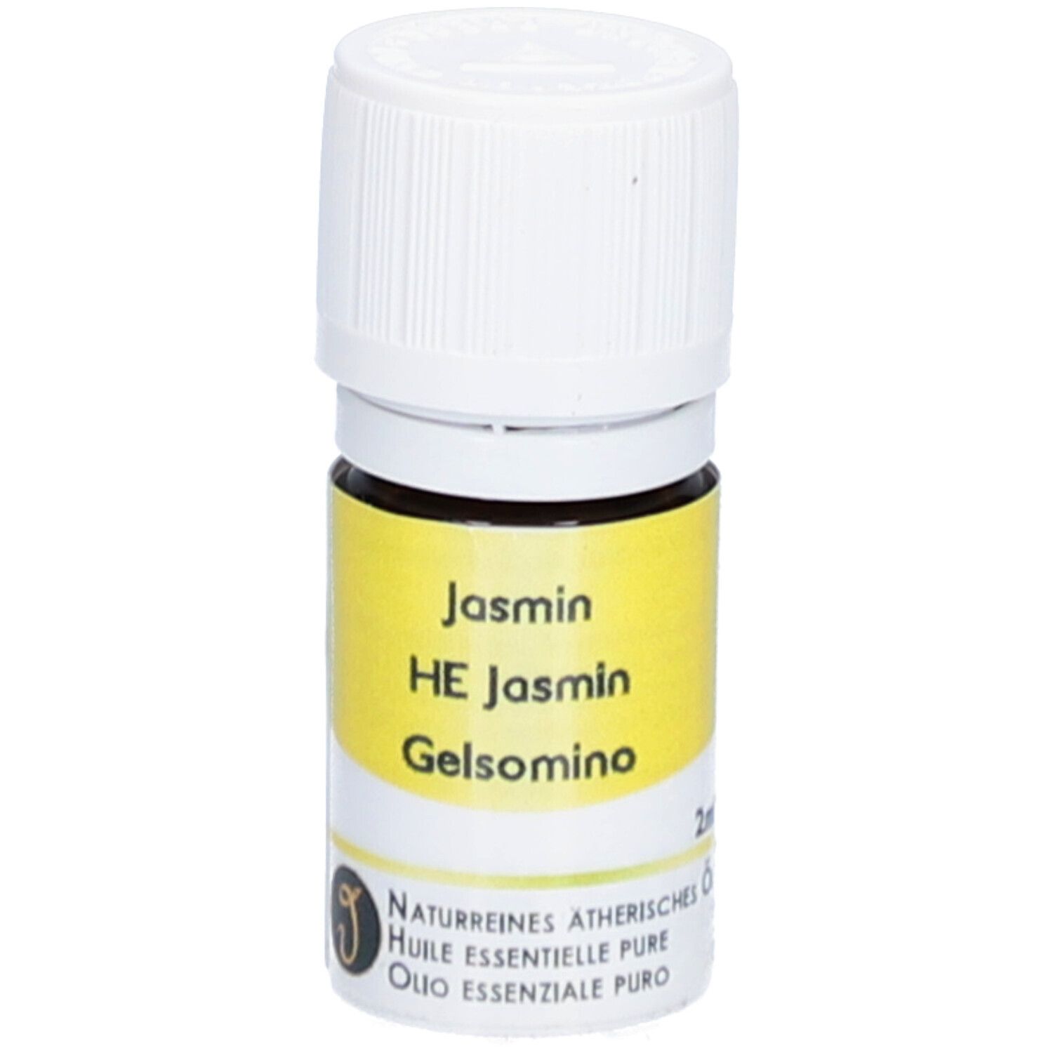 Bruine glazen fles met witte dop. Geel etiket met tekst: Jasmin, HE Jasmin, Gelsomino. Natuurlijke etherische olie.
