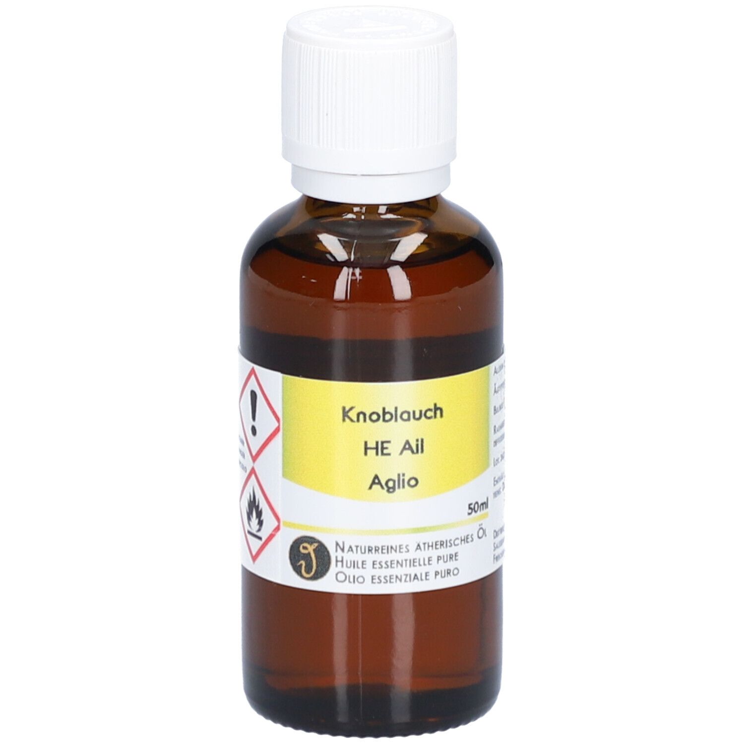 Bruine glazen fles met witte dop. Etiket met productnaam en waarschuwingssymbolen.