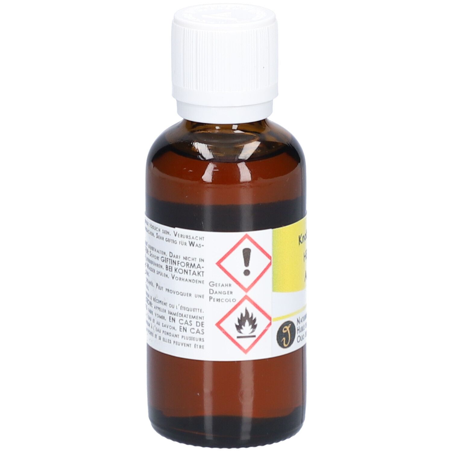 Bruine glazen fles met witte dop. Etiket met waarschuwingssymbolen en tekst.