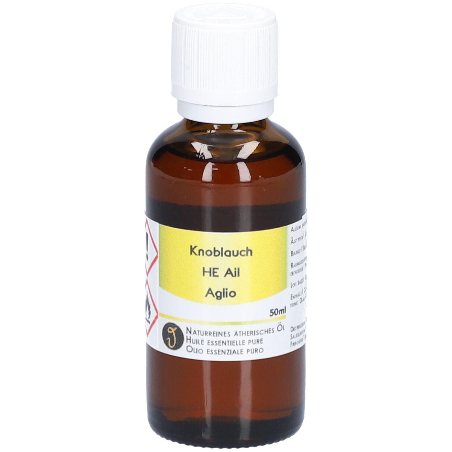 Bruine glazen fles met witte dop. Etiket met productnaam en waarschuwingssymbolen.