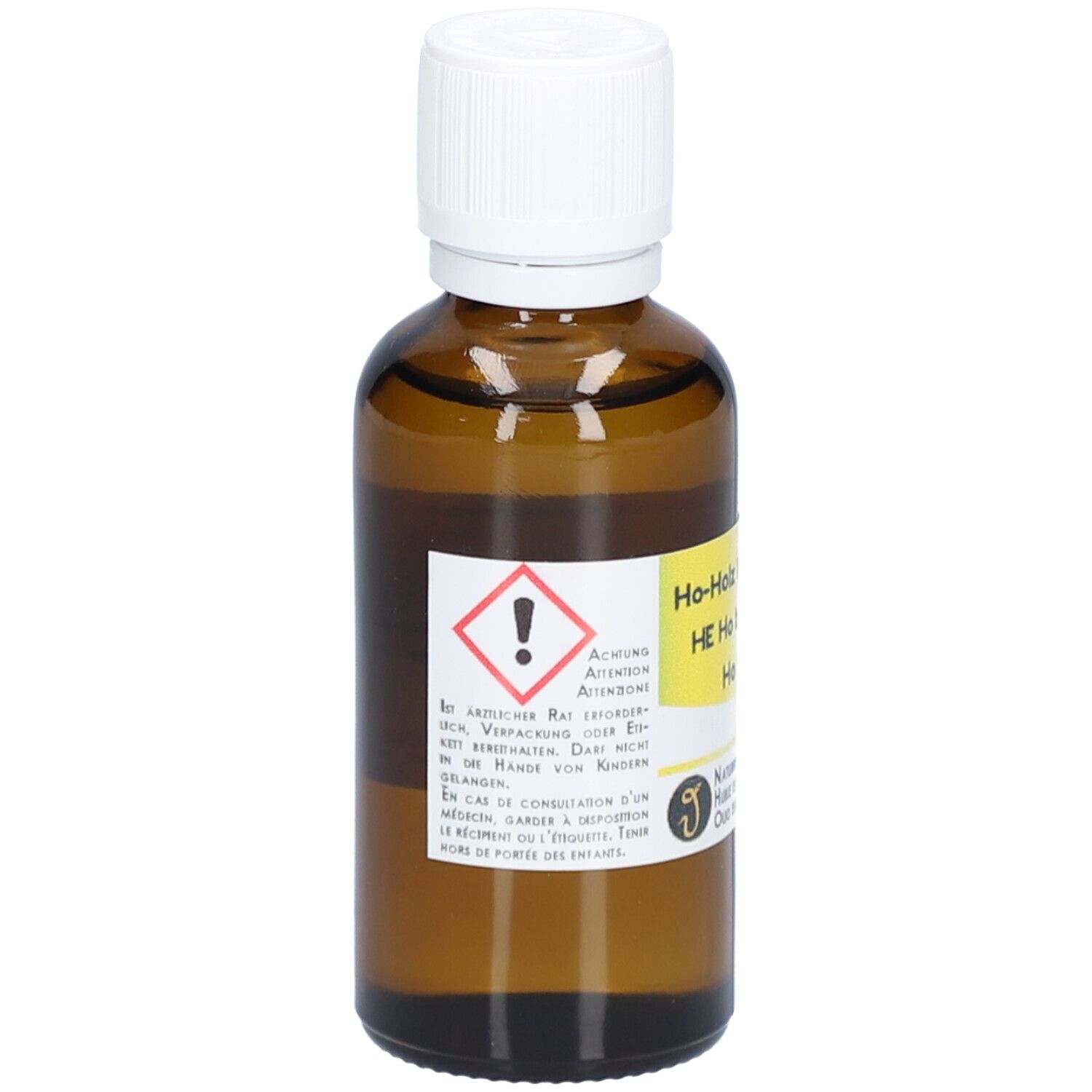 Flacon en verre brun avec bouchon blanc. Étiquette avec symbole d'avertissement et texte. 50ml.