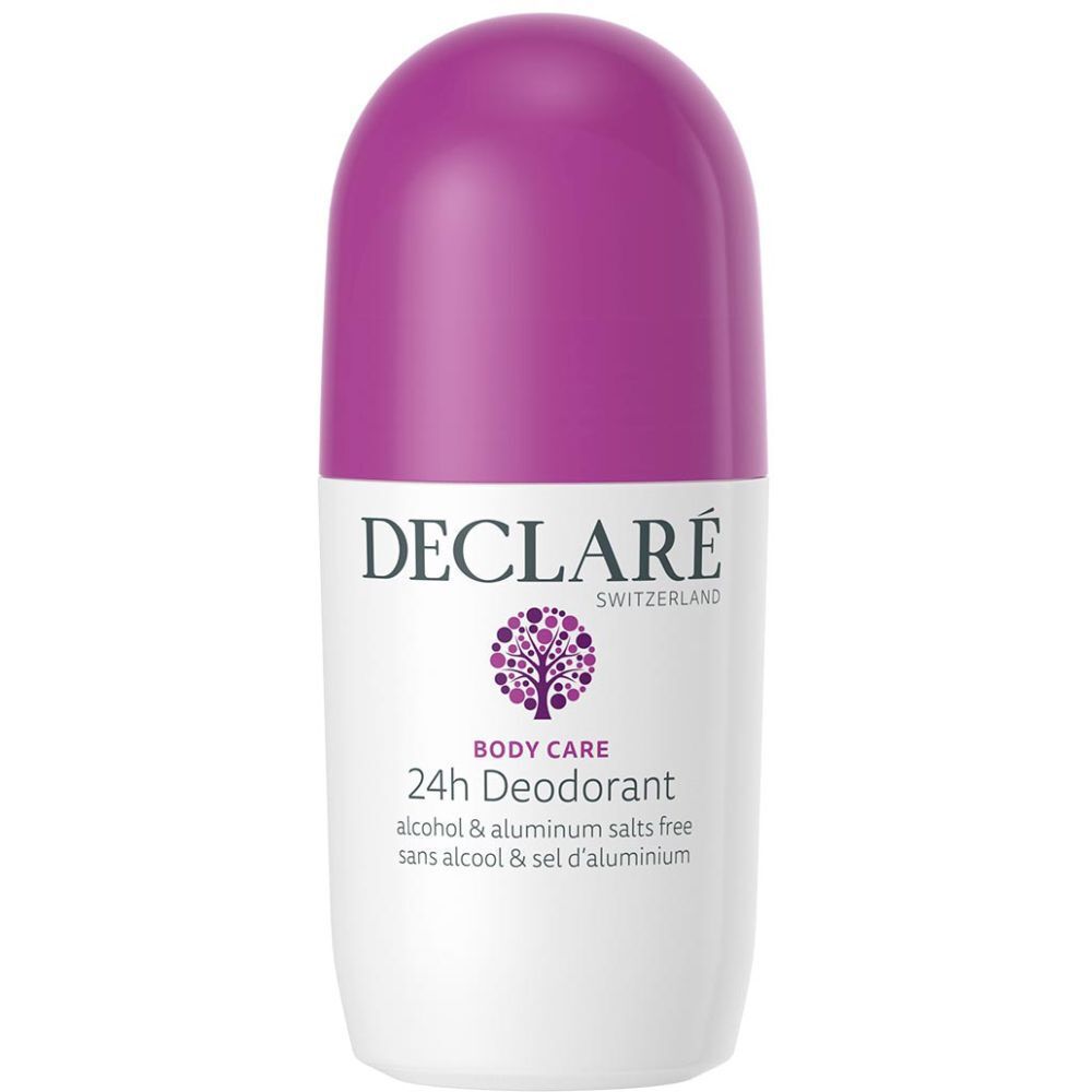 Déodorant roll-on blanc et bouchon violet. Inscription: DECLARÉ, 24h Deodorant, Body Care. Sans alcool ni sels d'aluminium.