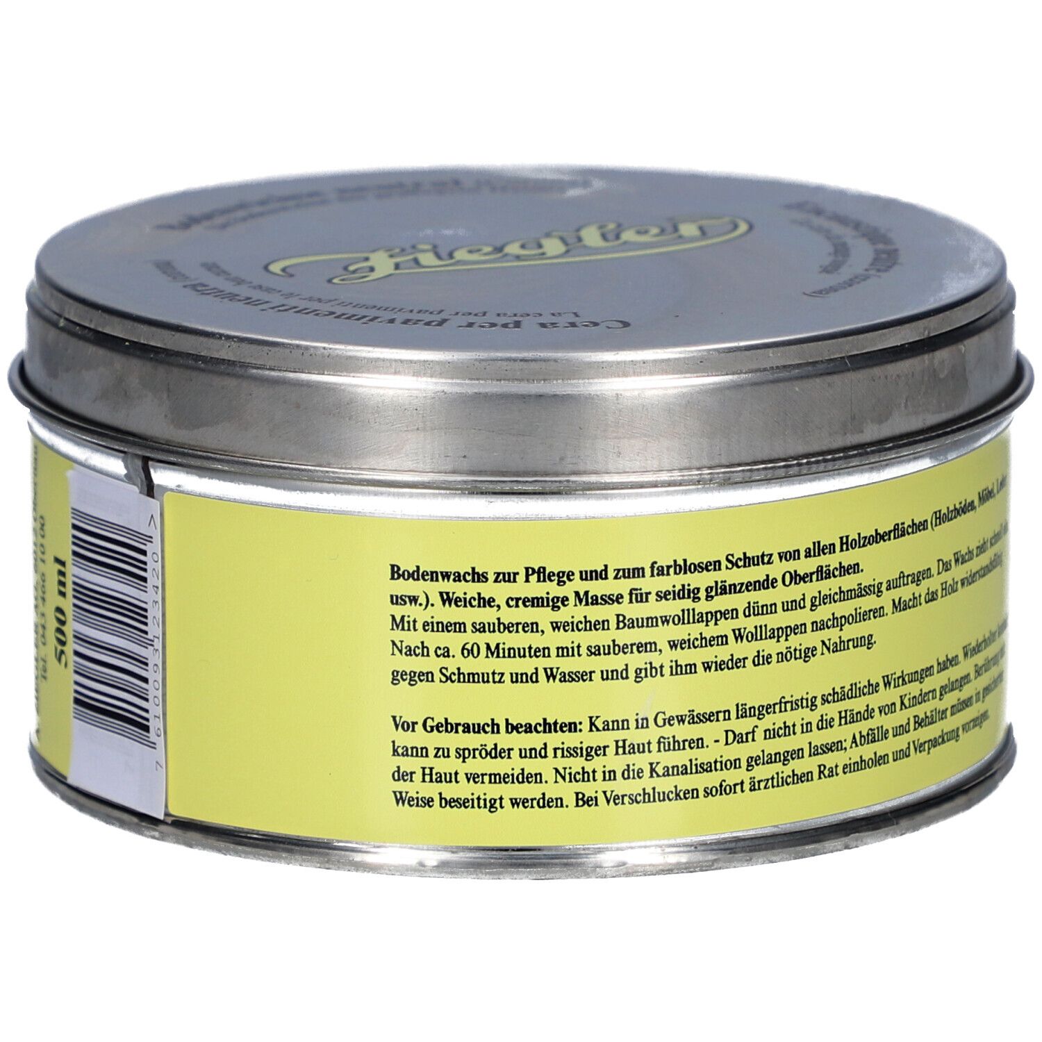 Boîte ronde avec étiquette jaune. Texte: ZIEGLER, Bodenwichse neutral. Informations produit au dos.
