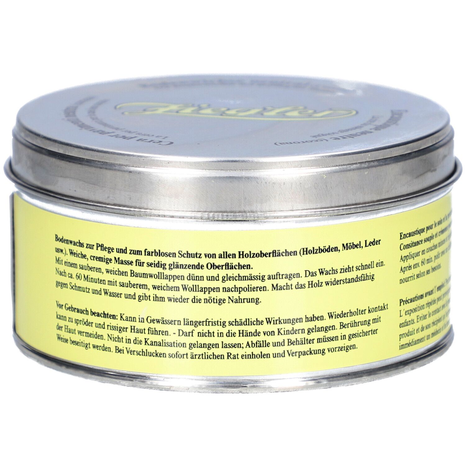 Boîte ronde avec étiquette jaune. Texte: ZIEGLER, Bodenwichse neutral. Informations produit en allemand.