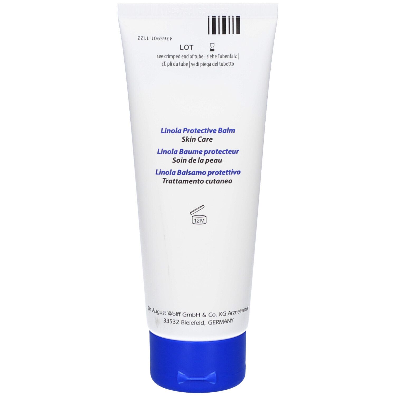 Dos du tube blanc, bouchon bleu. Texte: Linola Protective Balm. Code-barres.