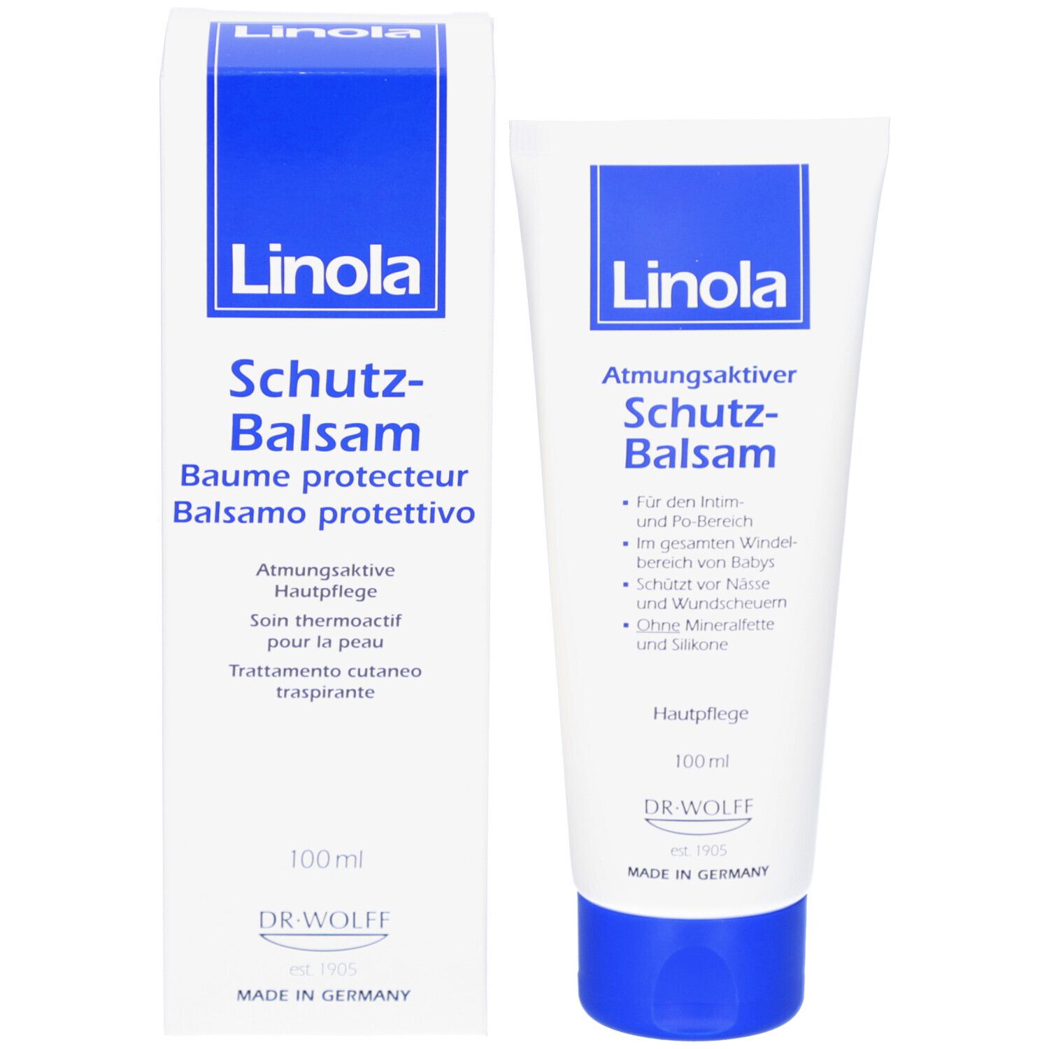 Produit et emballage. Tube et boîte blancs. Inscription Linola, Schutz-Balsam. 100ml.