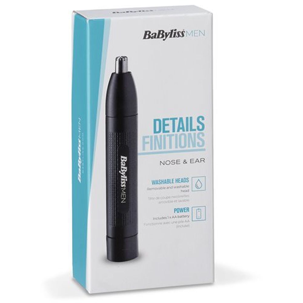 BaByliss Nasen- und Ohrenhaartrimmer E650E in verpakking. Zwart apparaat, zilveren punt, details op de verpakking.