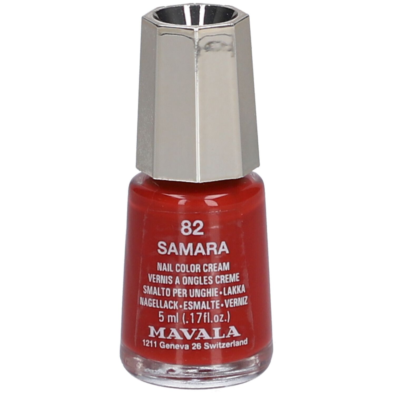 Flacon de vernis à ongles rouge, bouchon argenté. Inscription : 82 Samara, Nail Color Cream, 5 ml. Marque : Mavala.