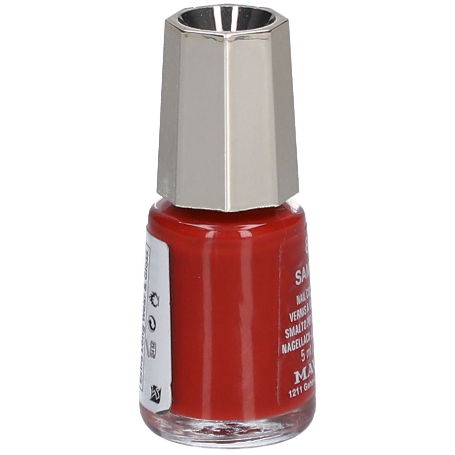 Flacon de vernis à ongles rouge avec bouchon argenté. Étiquette avec informations. Marque : Mavala.