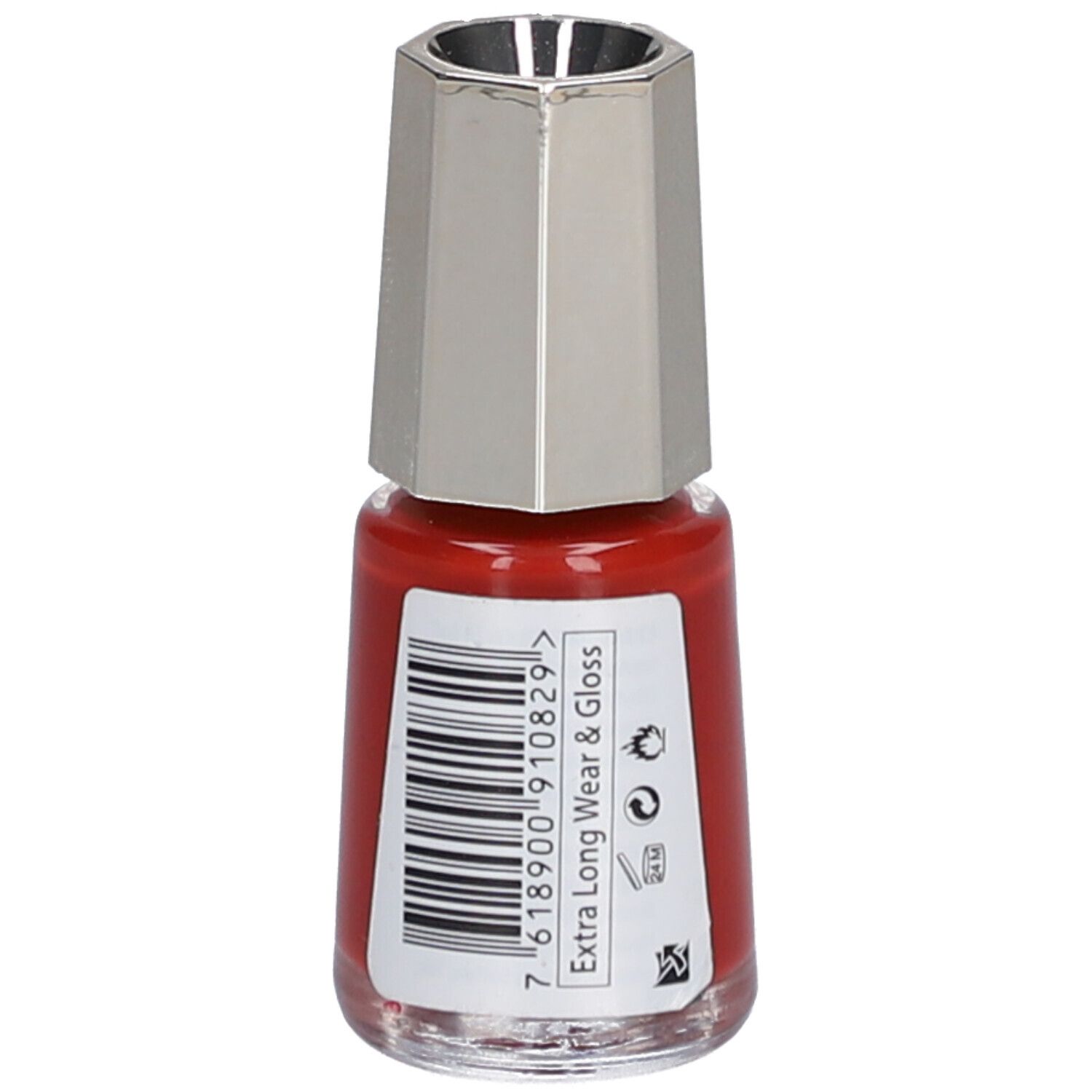 Flacon de vernis à ongles rouge avec bouchon argenté. Code-barres et texte : Extra Long Wear & Gloss. Marque : Mavala.
