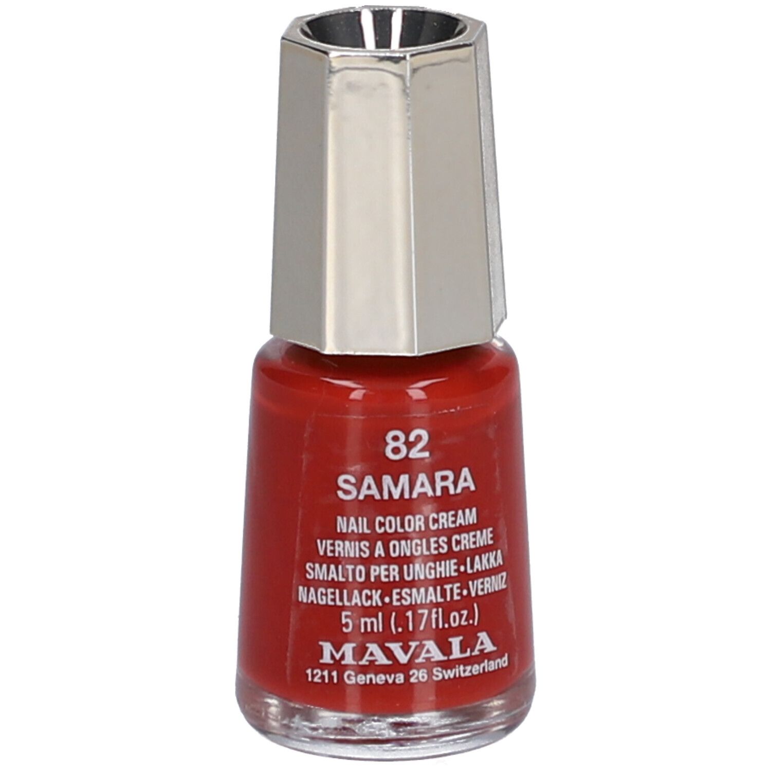 Flacon de vernis à ongles rouge, bouchon argenté. Inscription : 82 Samara, Nail Color Cream, 5 ml. Marque : Mavala.