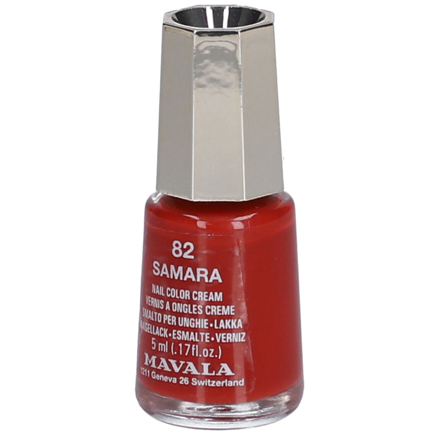 Flacon de vernis à ongles rouge, bouchon argenté. Inscription : 82 Samara, Nail Color Cream, 5 ml. Marque : Mavala.