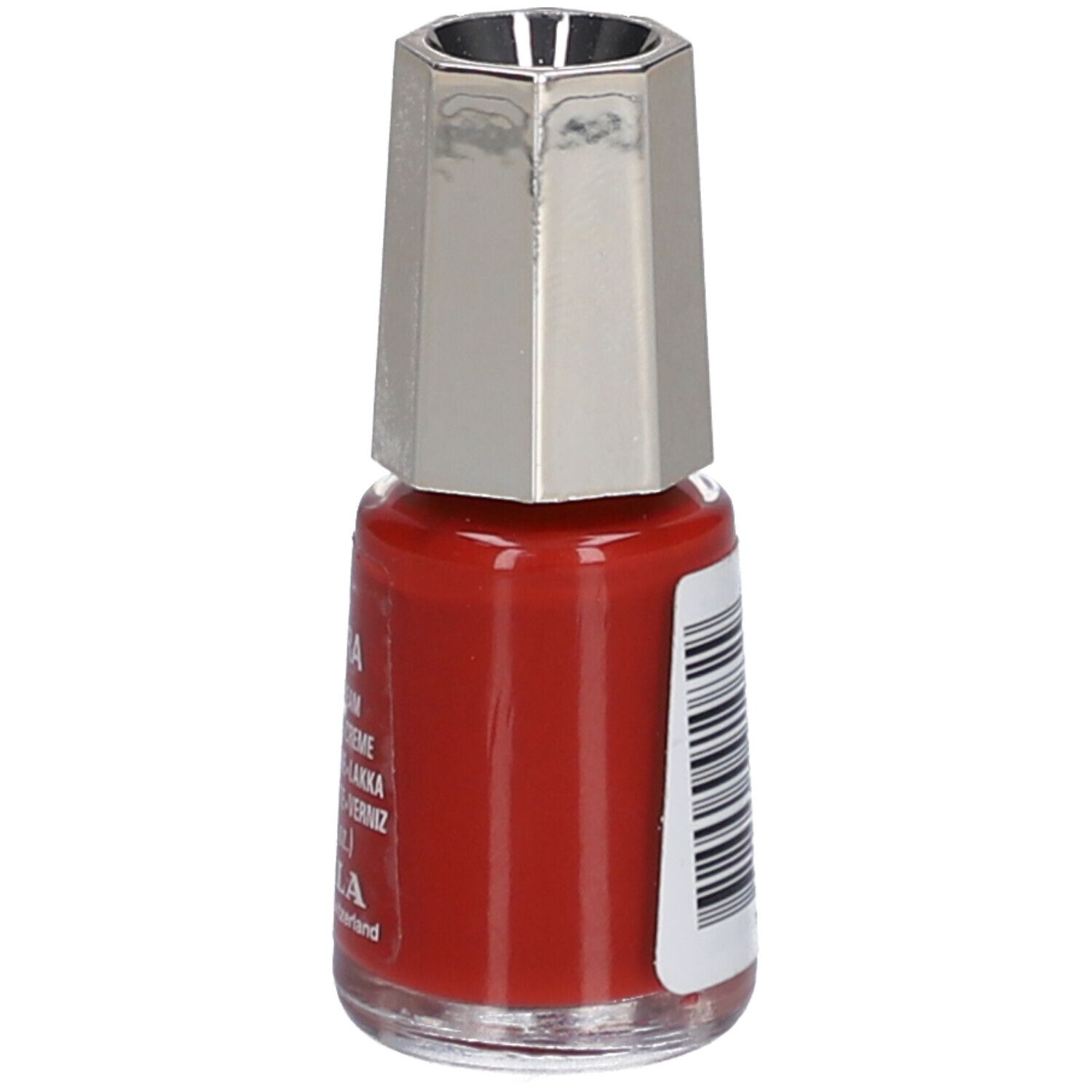 Flacon de vernis à ongles rouge avec bouchon argenté. Inscription : 82 Samara, Nail Color Cream, 5 ml. Marque : Mavala.