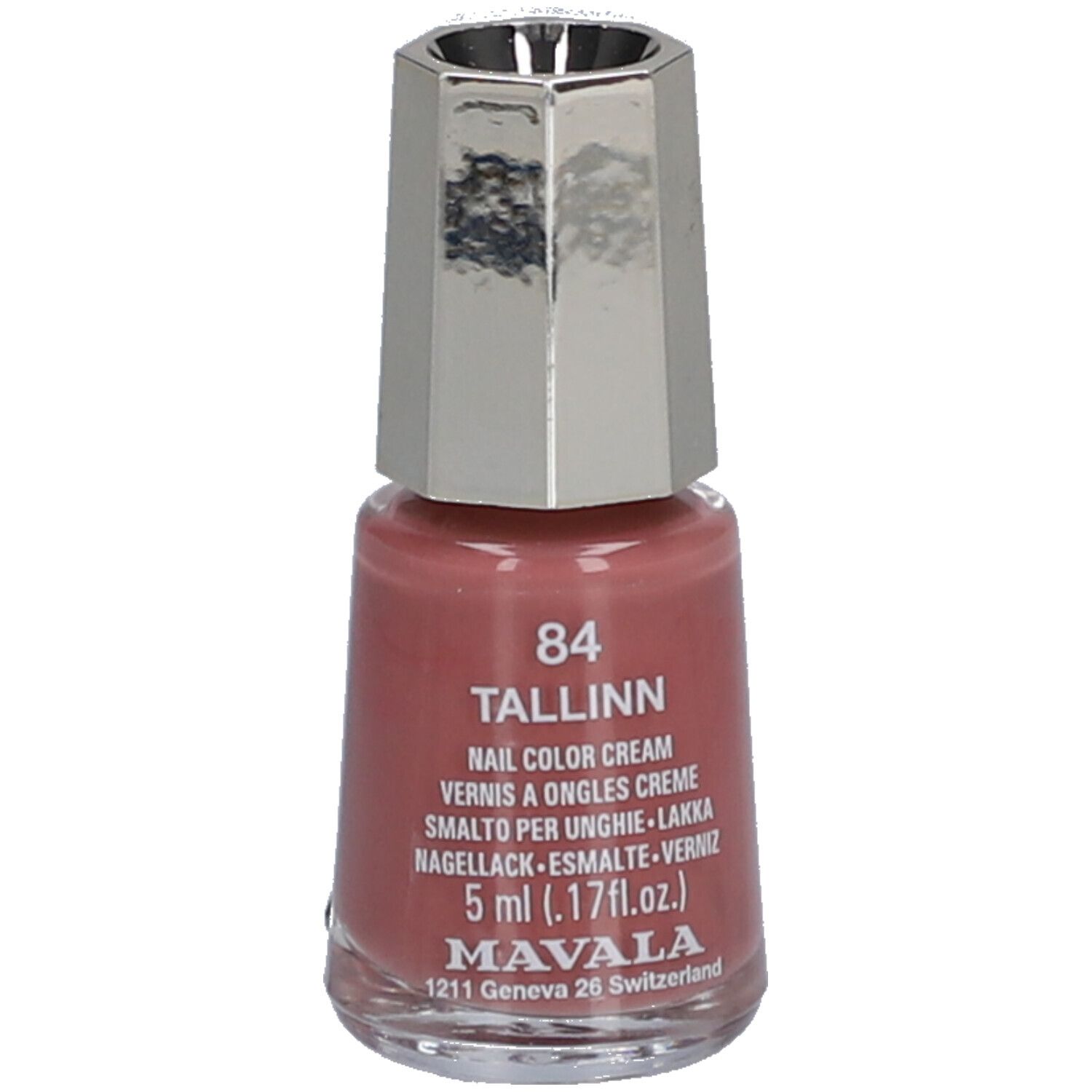 Roze nagellakfles. Zilverkleurige dop. Opschrift: 84 Tallinn, Nail Color Cream, 5 ml, Mavala.