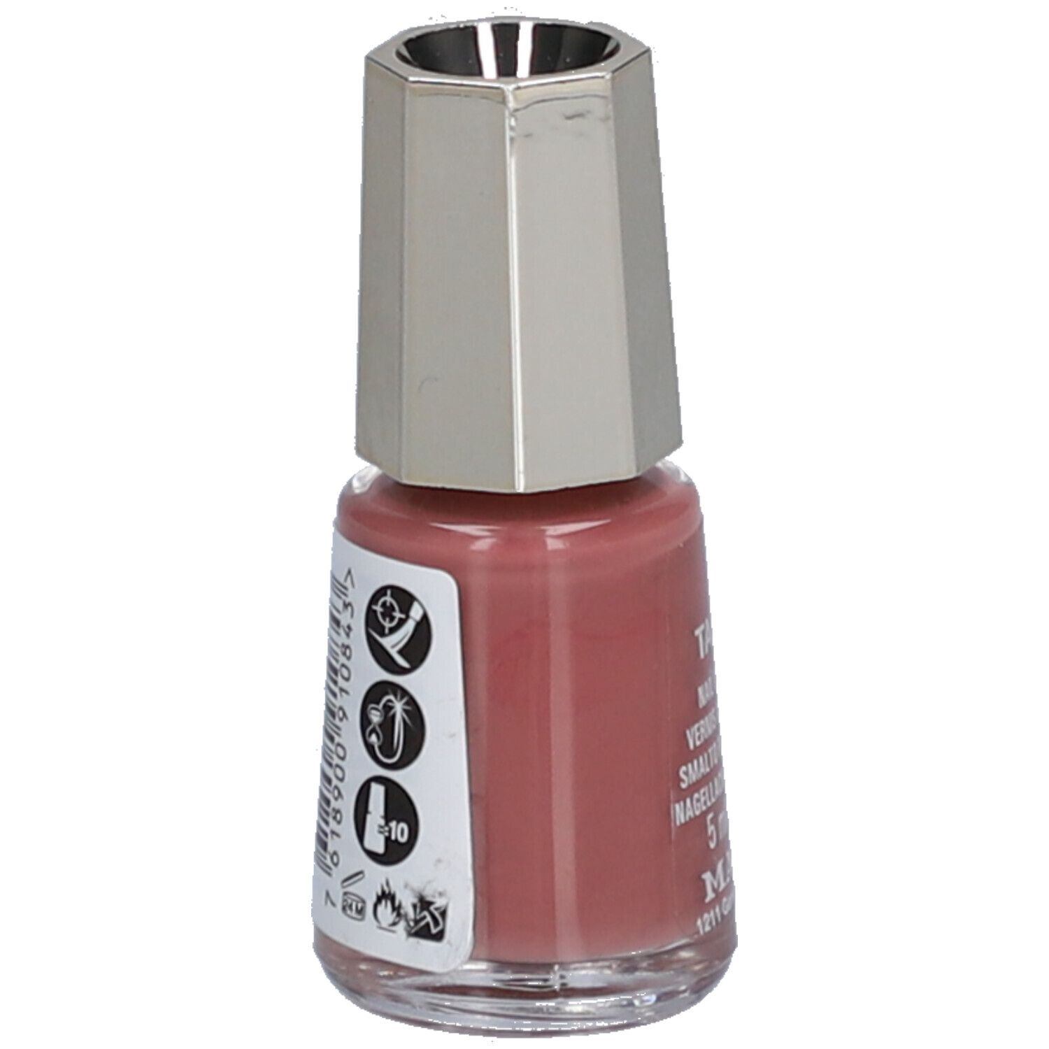 Roze nagellakfles. Zilverkleurige dop. Sticker met symbolen en tekst. Mavala.