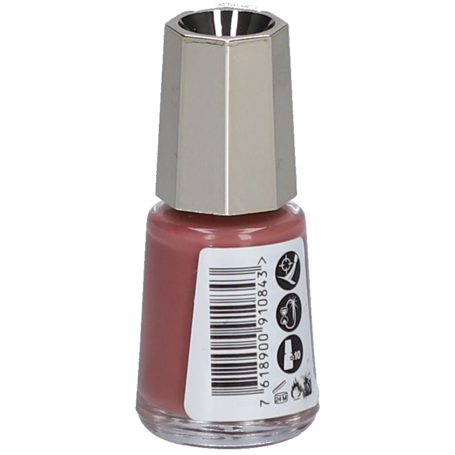 Roze nagellakfles. Zilverkleurige dop. Barcode en symbolen op het etiket. Mavala.