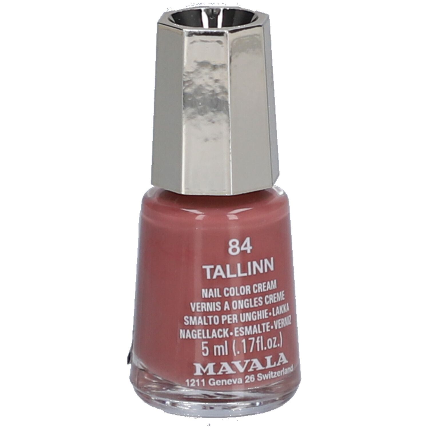 Roze nagellakfles. Zilverkleurige dop. Opschrift: 84 Tallinn, Nail Color Cream, 5 ml, Mavala.