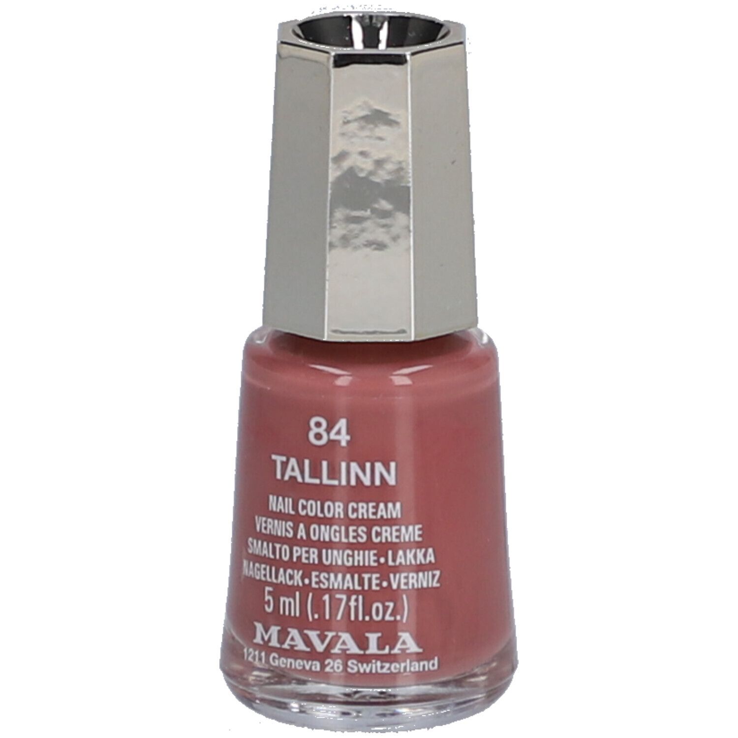 Roze nagellakfles. Zilverkleurige dop. Opschrift: 84 Tallinn, Nail Color Cream, 5 ml, Mavala.