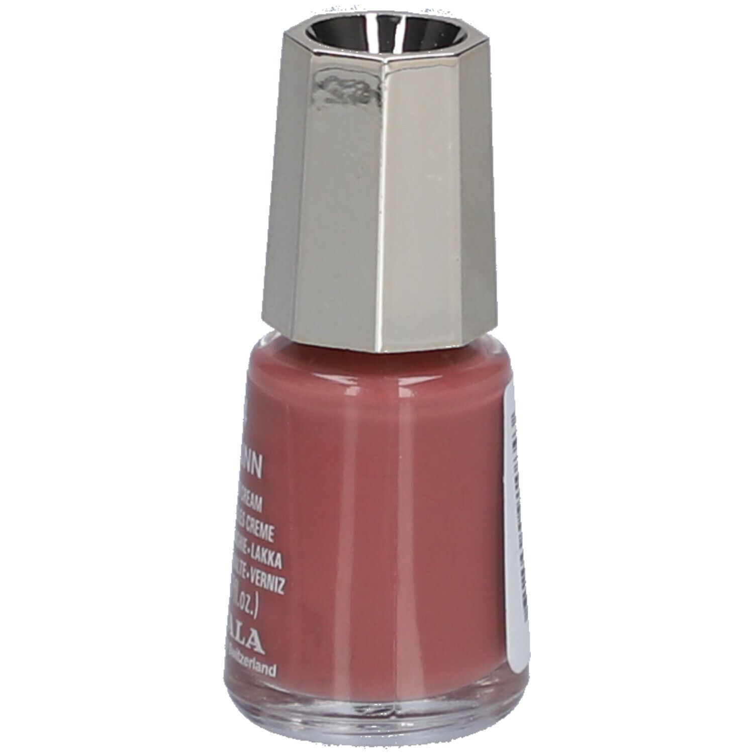 Roze nagellakfles. Zilverkleurige dop. Opschrift: 84 Tallinn, Nail Color Cream, 5 ml, Mavala.