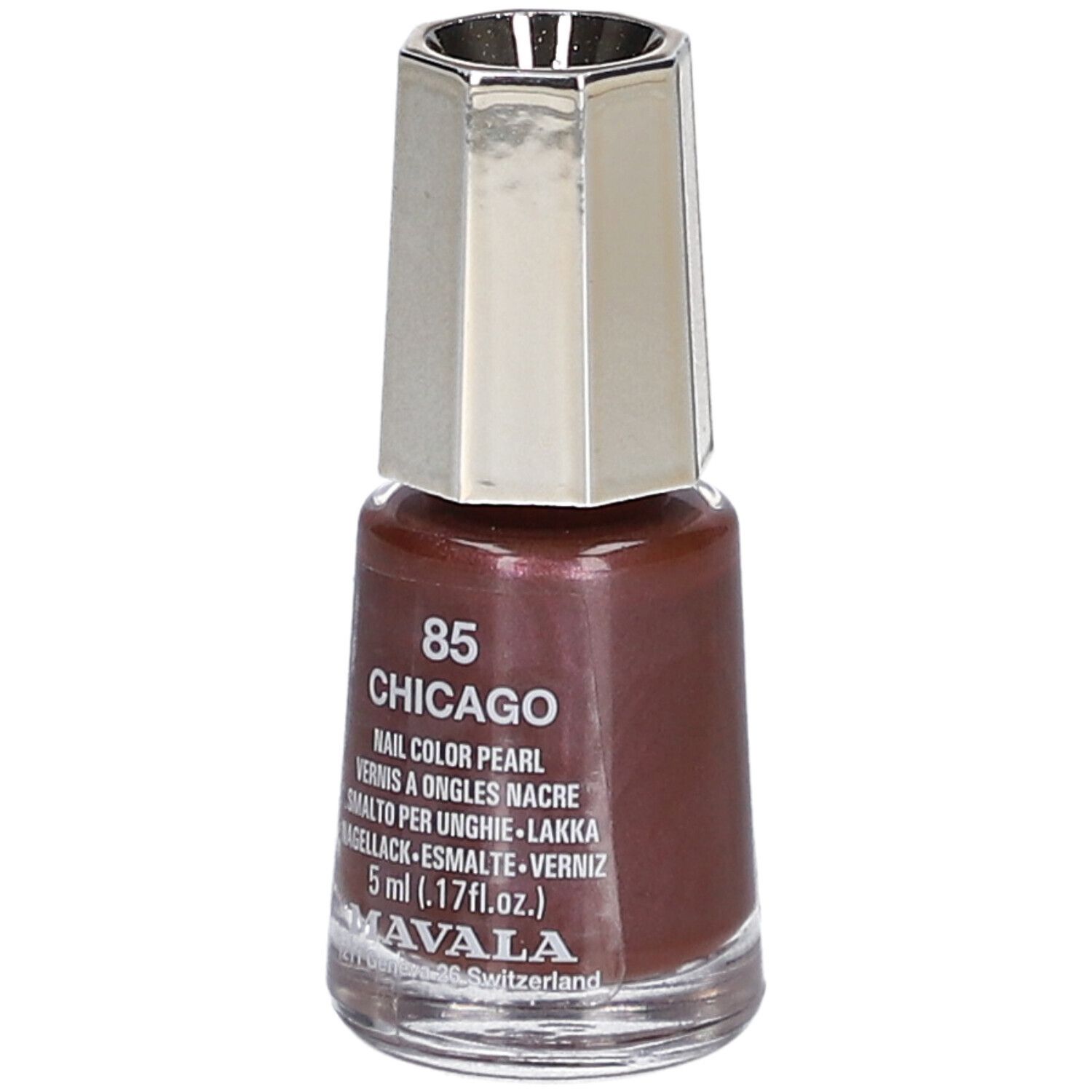Flacon de vernis à ongles brun-rouge, bouchon argenté. Inscription : 85 Chicago, Nail Color Pearl, 5 ml.