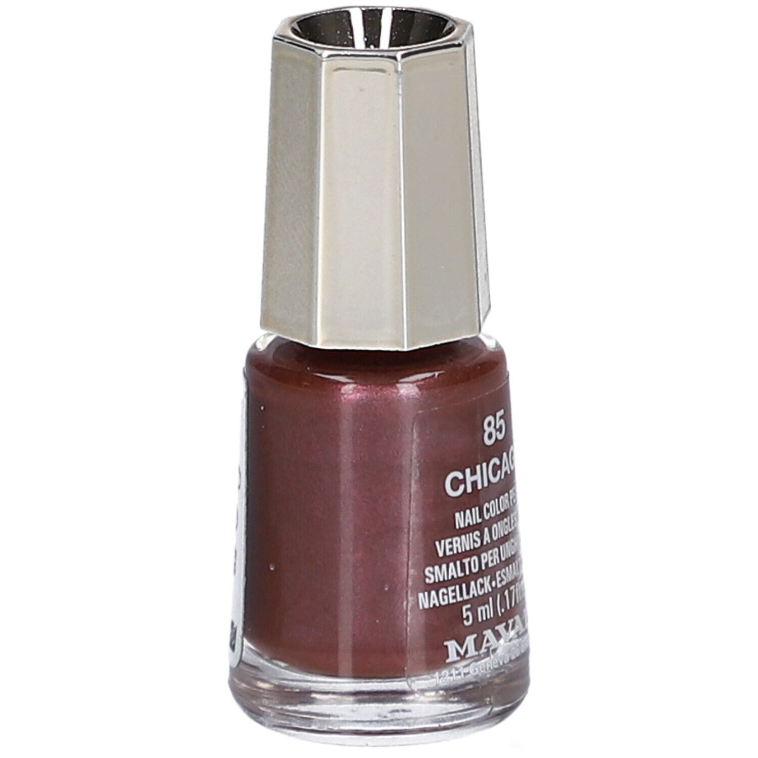 Flacon de vernis à ongles brun-rouge, bouchon argenté. Inscription : 85 Chicago, Nail Color Pearl, 5 ml.