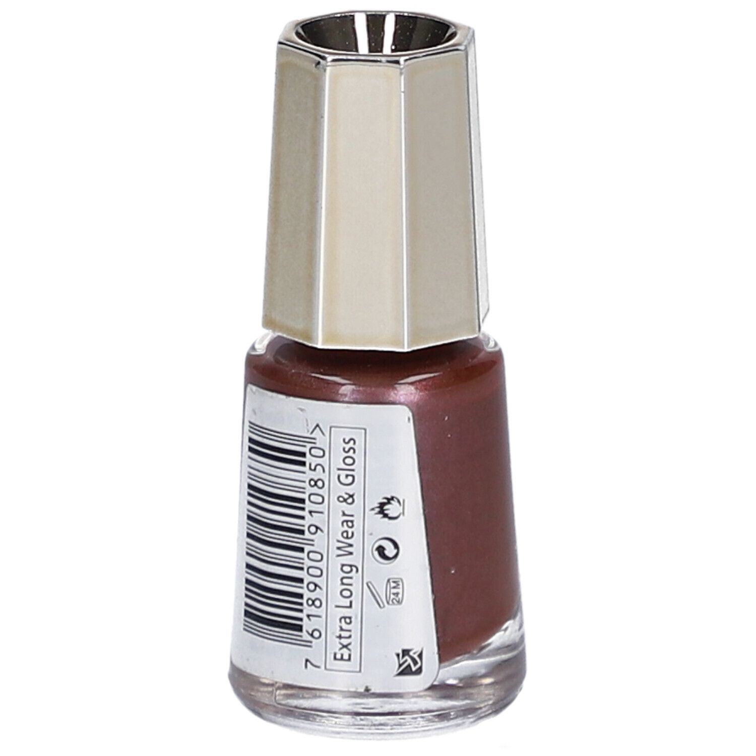 Flacon de vernis à ongles brun-rouge, bouchon argenté. Dos avec code-barres et texte : Extra Long Wear & Gloss.