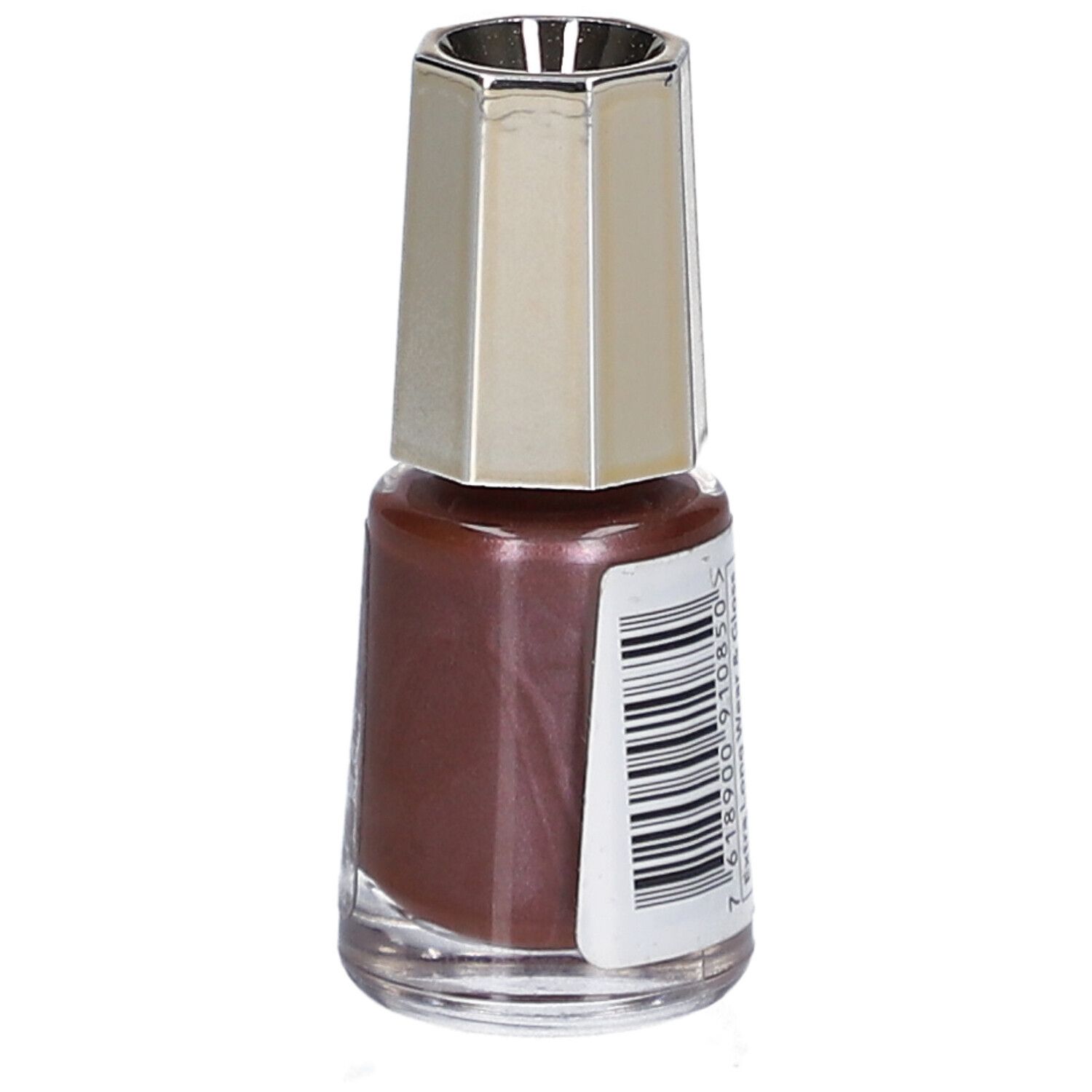 Flacon de vernis à ongles brun-rouge, bouchon argenté. Dos avec code-barres.
