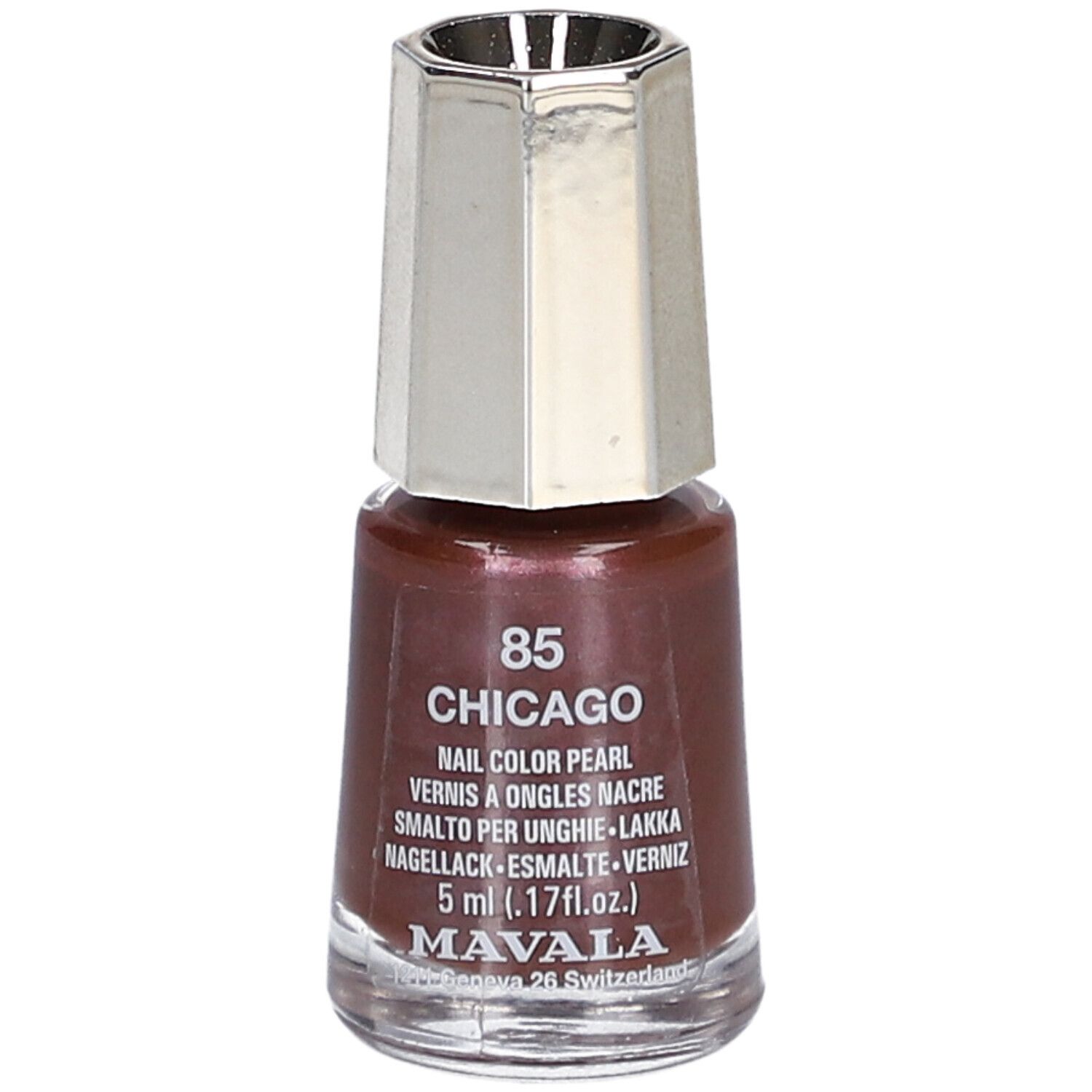 Flacon de vernis à ongles brun-rouge, bouchon argenté. Inscription : 85 Chicago, Nail Color Pearl, 5 ml.