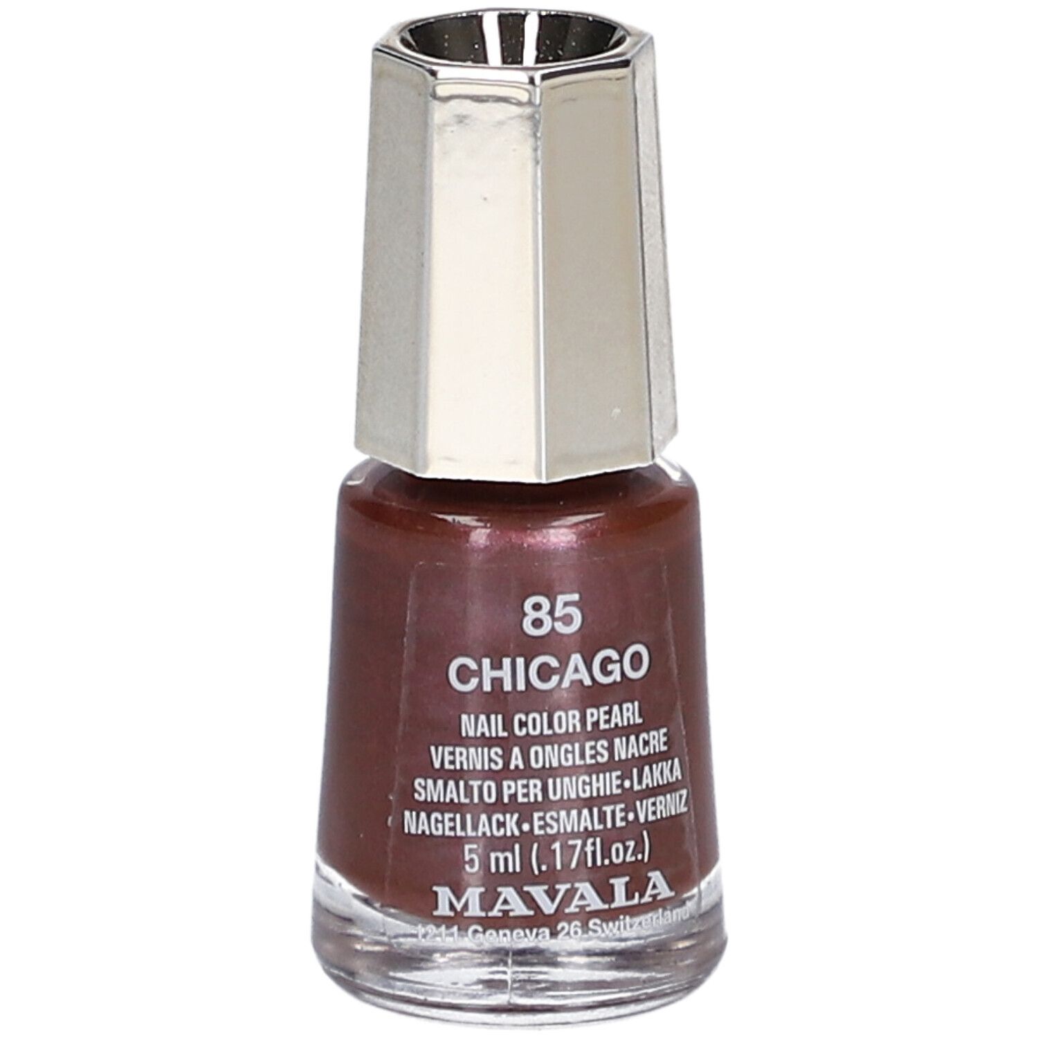Flacon de vernis à ongles brun-rouge, bouchon argenté. Inscription : 85 Chicago, Nail Color Pearl, 5 ml.