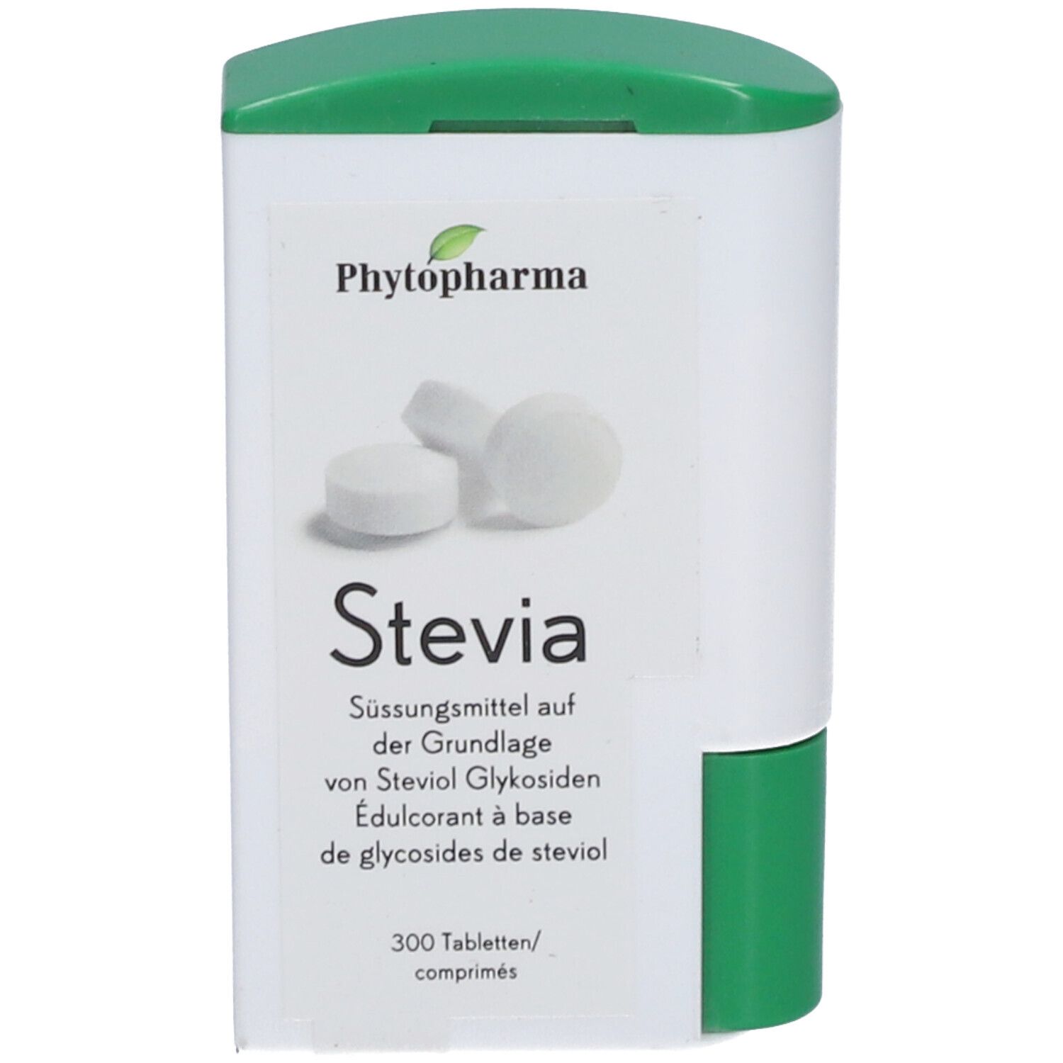 Comprimés blancs dans un récipient blanc avec couvercle vert. Inscription: Stevia, Phytopharma. 300 comprimés.