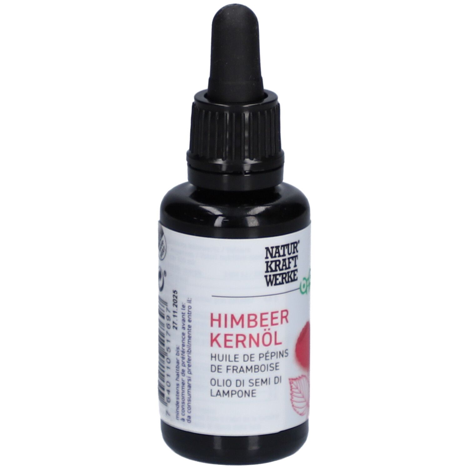 Bruine glazen fles met zwarte dop en pipet. Etiket met productnaam en logo.