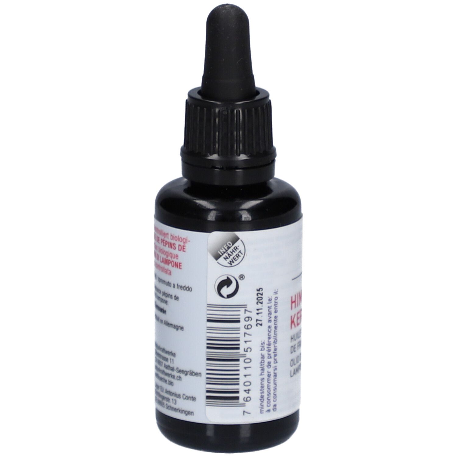 Bruine glazen fles met zwarte dop. Etiket met barcode, tekst en houdbaarheidsdatum.